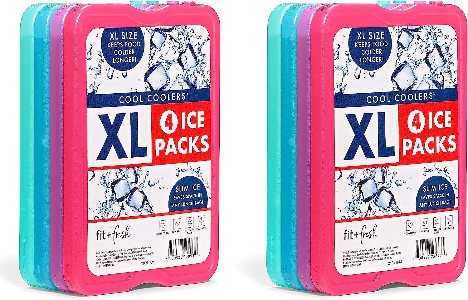 imageCool Coolers by Fit ampamp Fresh 4 Pack XL Slim Ice Packs Quick Freeze Space Saving Reusable Ice Packs for Lunch Boxes or Coolers PinkMulticolor 8 PK
