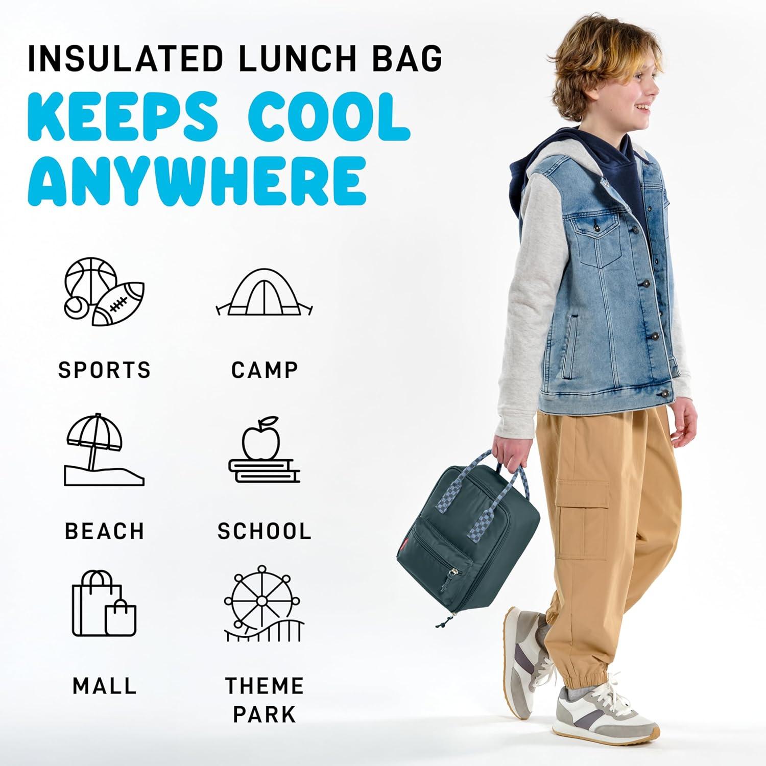 imageFit ampamp Fresh Connor Kids Lunch Tote Versatile Thermal Insulated Lunch Box for School and Camp Adult Lunch Bag with Front Zip Pocket RedBoulder Gray