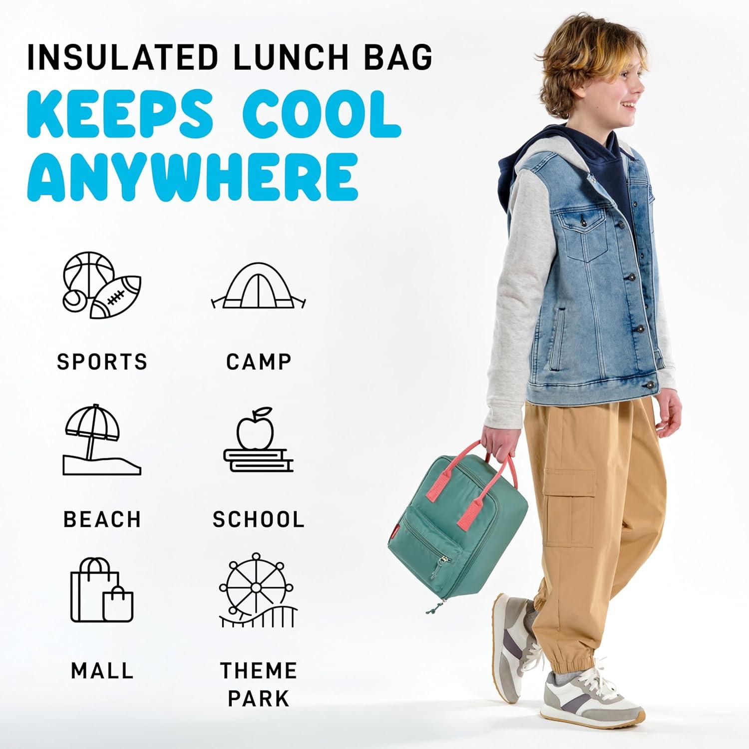 imageFit ampamp Fresh Connor Kids Lunch Tote Versatile Thermal Insulated Lunch Box for School and Camp Adult Lunch Bag with Front Zip Pocket RedSeafoam Green