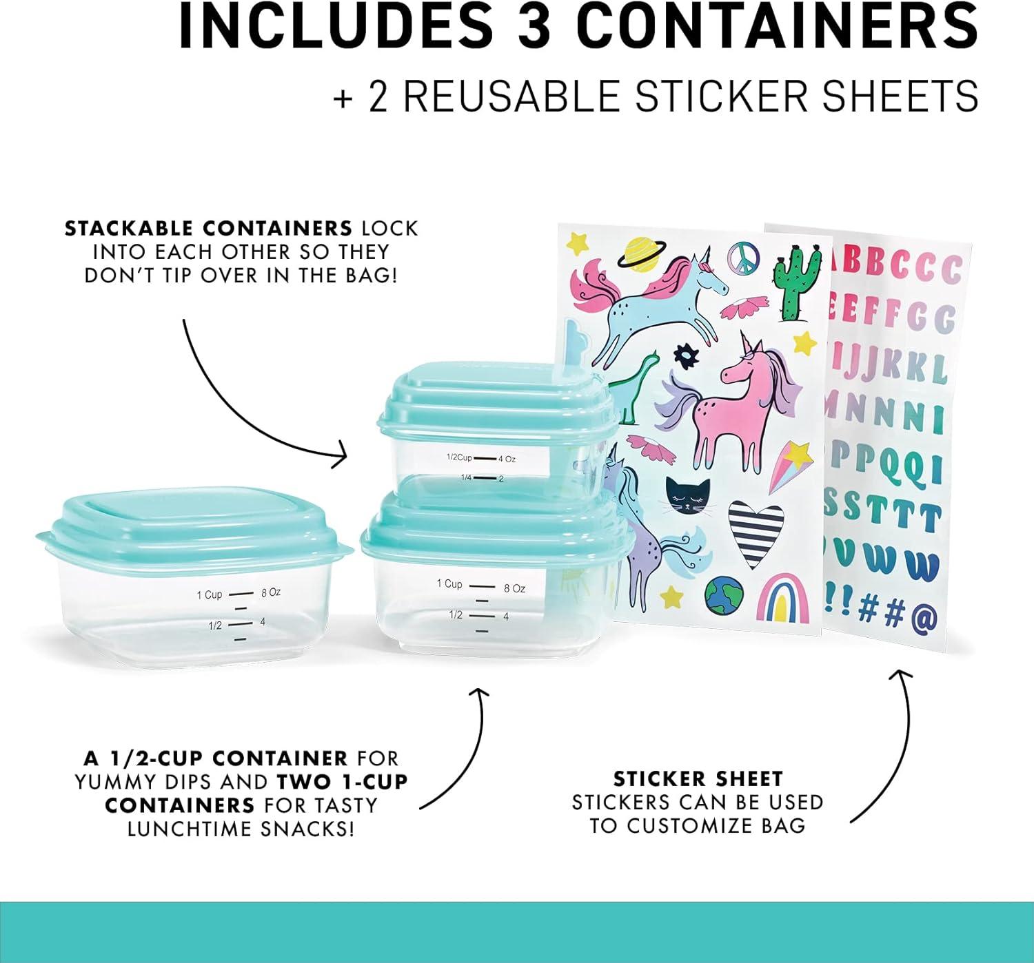 imageFit ampamp Fresh DIY Sticker Lunch Bag For Kids Insulated Lunch Box For Kids Boys ampamp Girls With 3 Matching Snack Containers ampamp 2 Sticker Sets School Lunch Box BlackTeal
