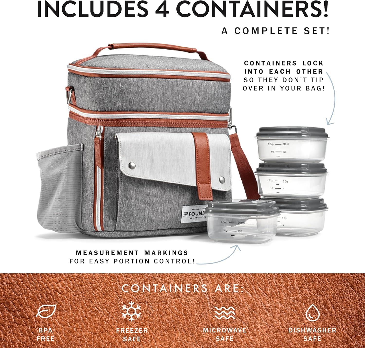 imageFit ampamp Fresh Foundry Extra Large Insulated Lunch Box for Men ampamp Women Large Lunch Bag for Meal Prep Double Decker Adult Lunch Box for Men with Containers Adjustable Strap Dual Compartment BlackSteel Gray