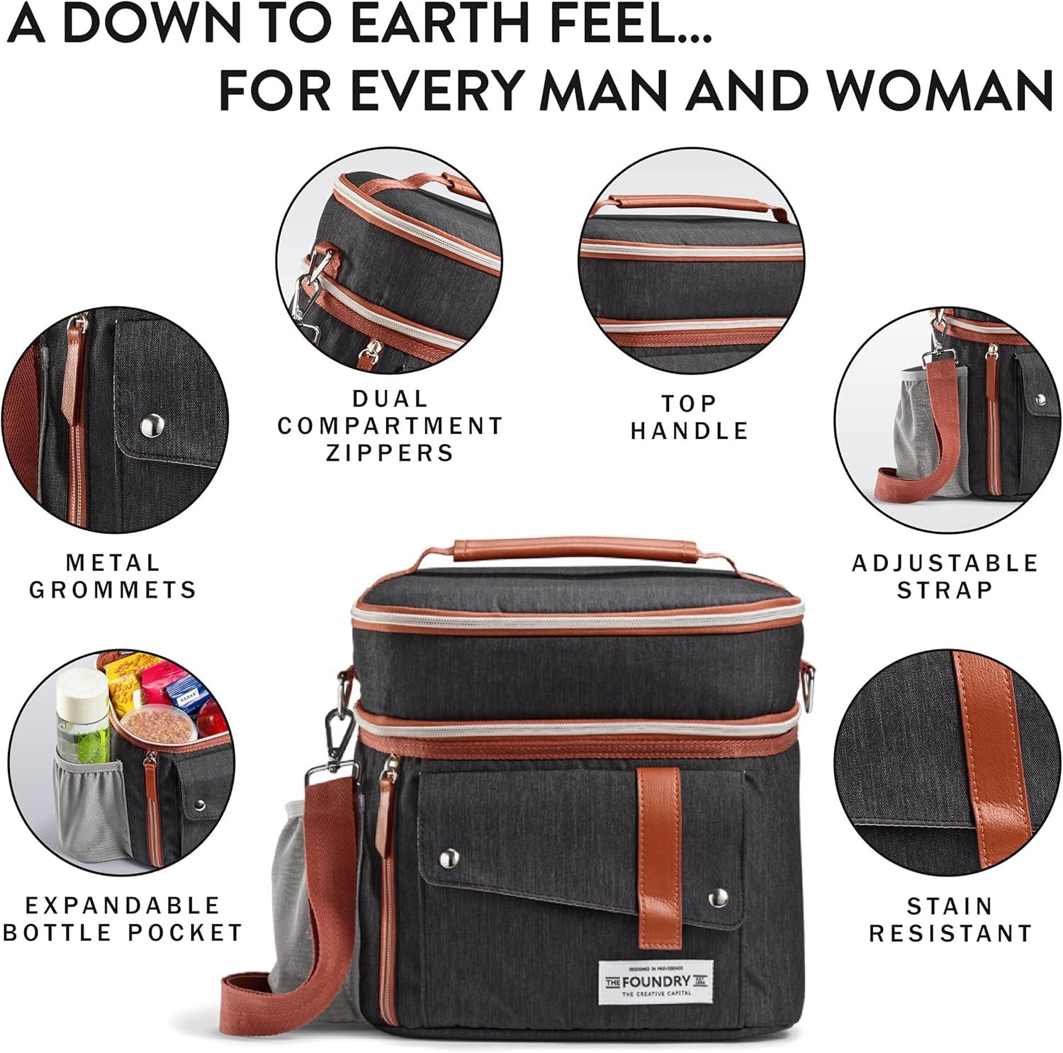 imageFit ampamp Fresh Foundry Extra Large Insulated Lunch Box for Men ampamp Women Large Lunch Bag for Meal Prep Double Decker Adult Lunch Box for Men with Containers Adjustable Strap Dual Compartment BlackBlack