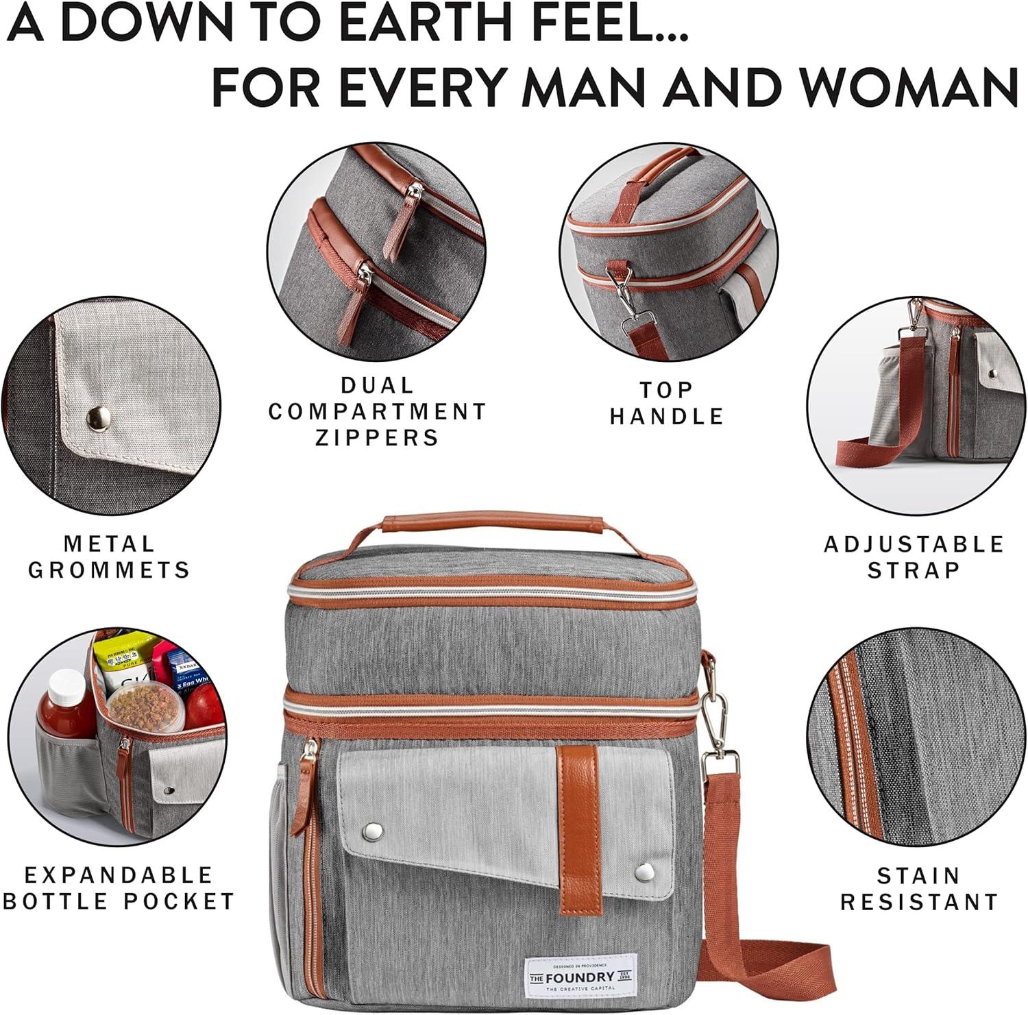 imageFit ampamp Fresh Foundry Extra Large Insulated Lunch Box for Men ampamp Women Large Lunch Bag for Meal Prep Double Decker Adult Lunch Box for Men with Containers Adjustable Strap Dual Compartment BlackSteel Gray