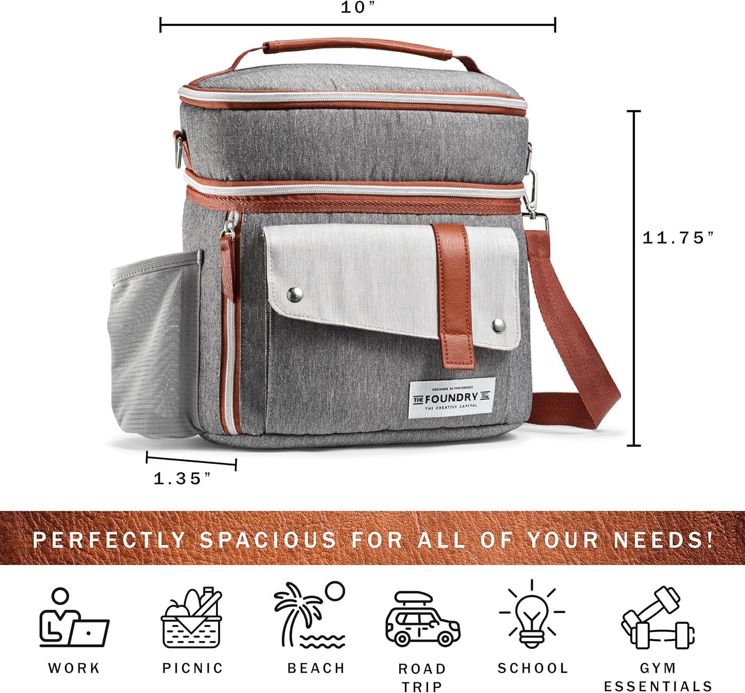 imageFit ampamp Fresh Foundry Extra Large Insulated Lunch Box for Men ampamp Women Large Lunch Bag for Meal Prep Double Decker Adult Lunch Box for Men with Containers Adjustable Strap Dual Compartment BlackSteel Gray