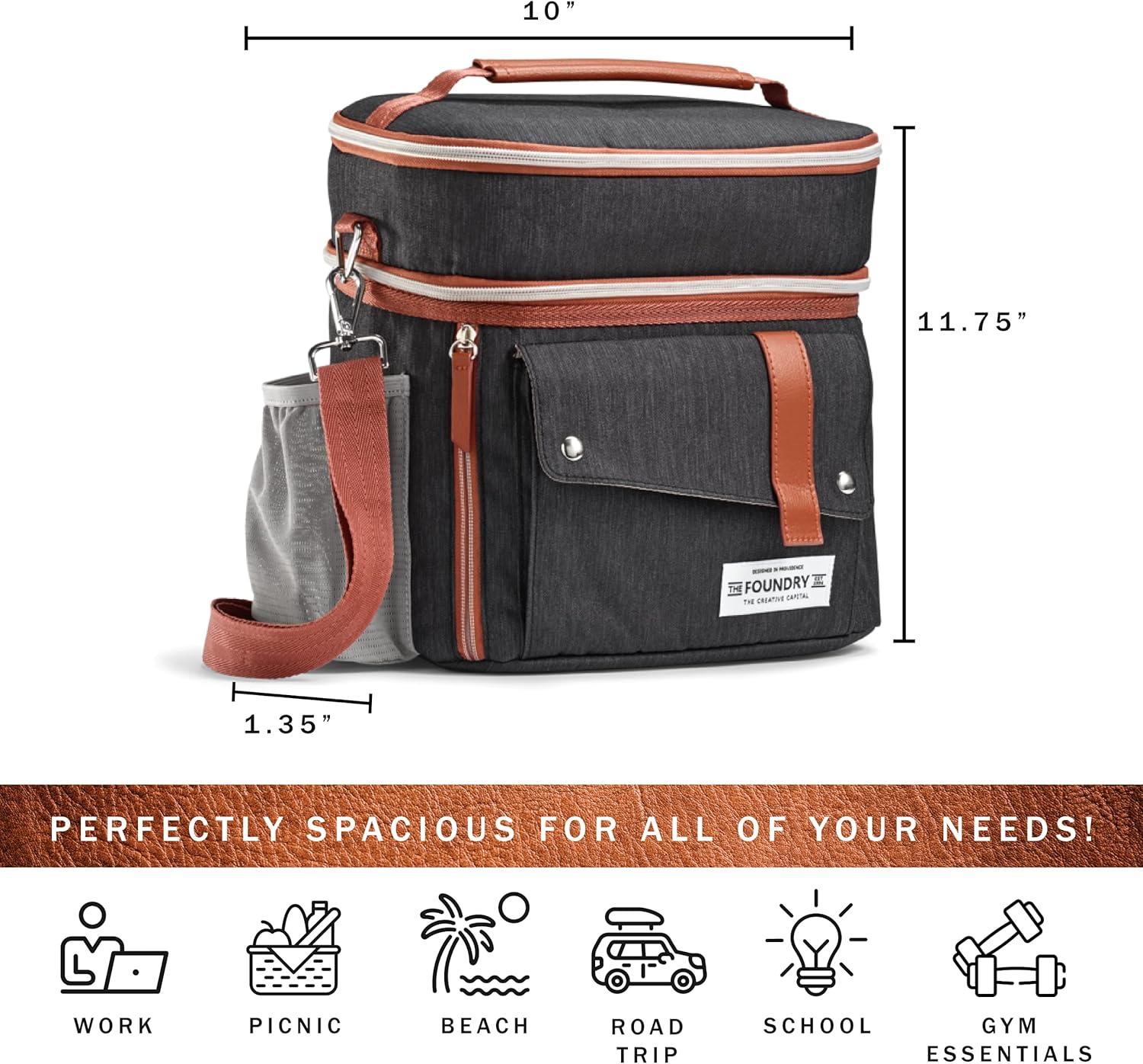 imageFit ampamp Fresh Foundry Extra Large Insulated Lunch Box for Men ampamp Women Large Lunch Bag for Meal Prep Double Decker Adult Lunch Box for Men with Containers Adjustable Strap Dual Compartment BlackBlack