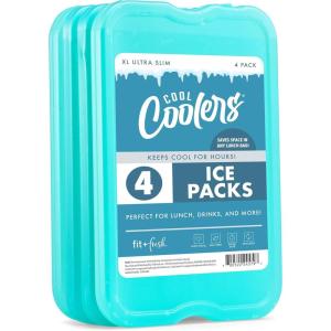 imageCool Coolers by Fit ampamp Fresh 4 Pack XL Slim Ice Packs Quick Freeze Space Saving Reusable Ice Packs for Lunch Boxes or Coolers PinkGreen 4 PK