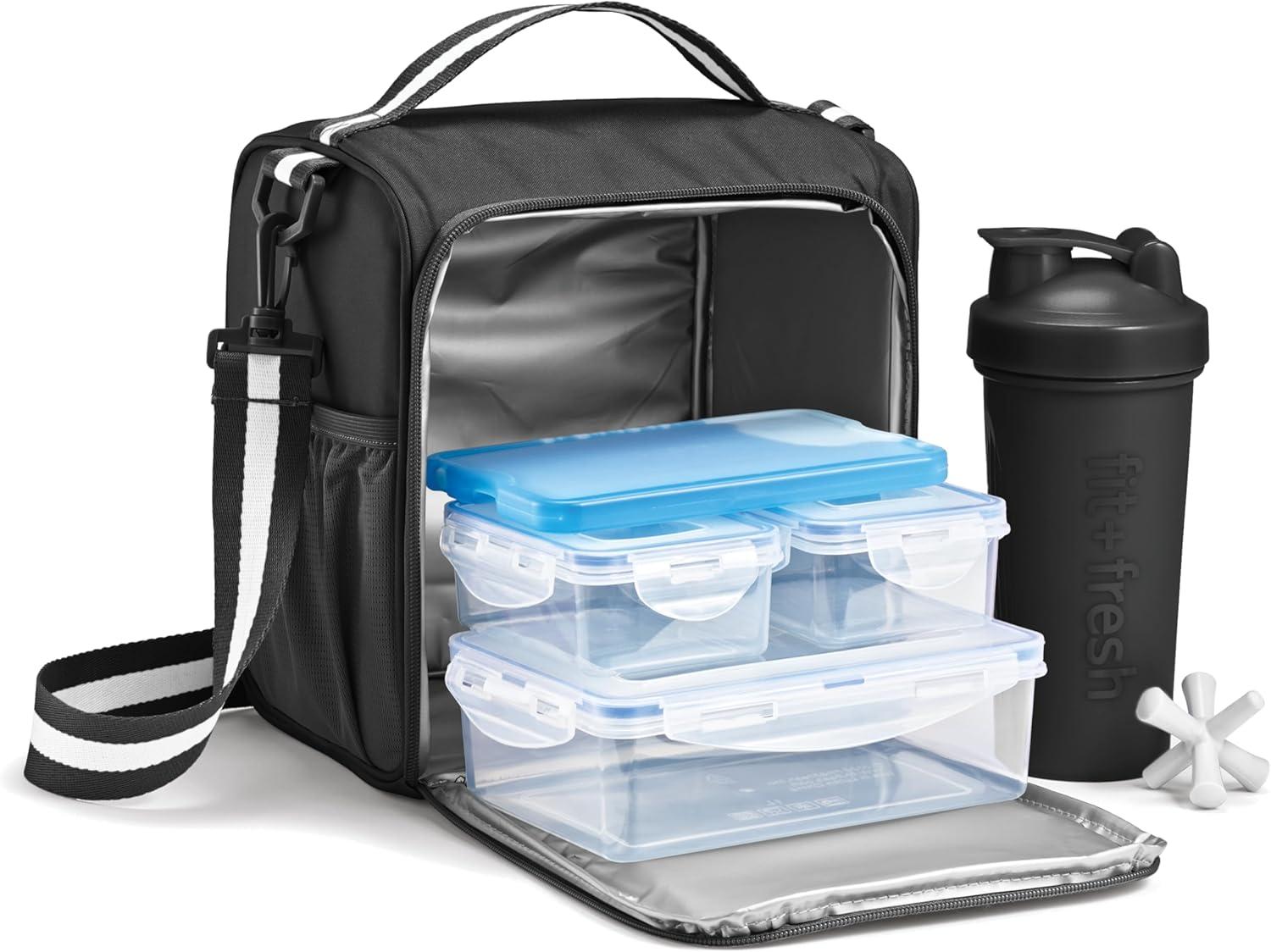 imageFit ampamp Fresh BREE Meal Prep Lunch Box With Containers Ice Pack and Shaker Bottle For Men and Women 6pc Meal Prep Kit Lunch Bag With Containers Included NavyBlack