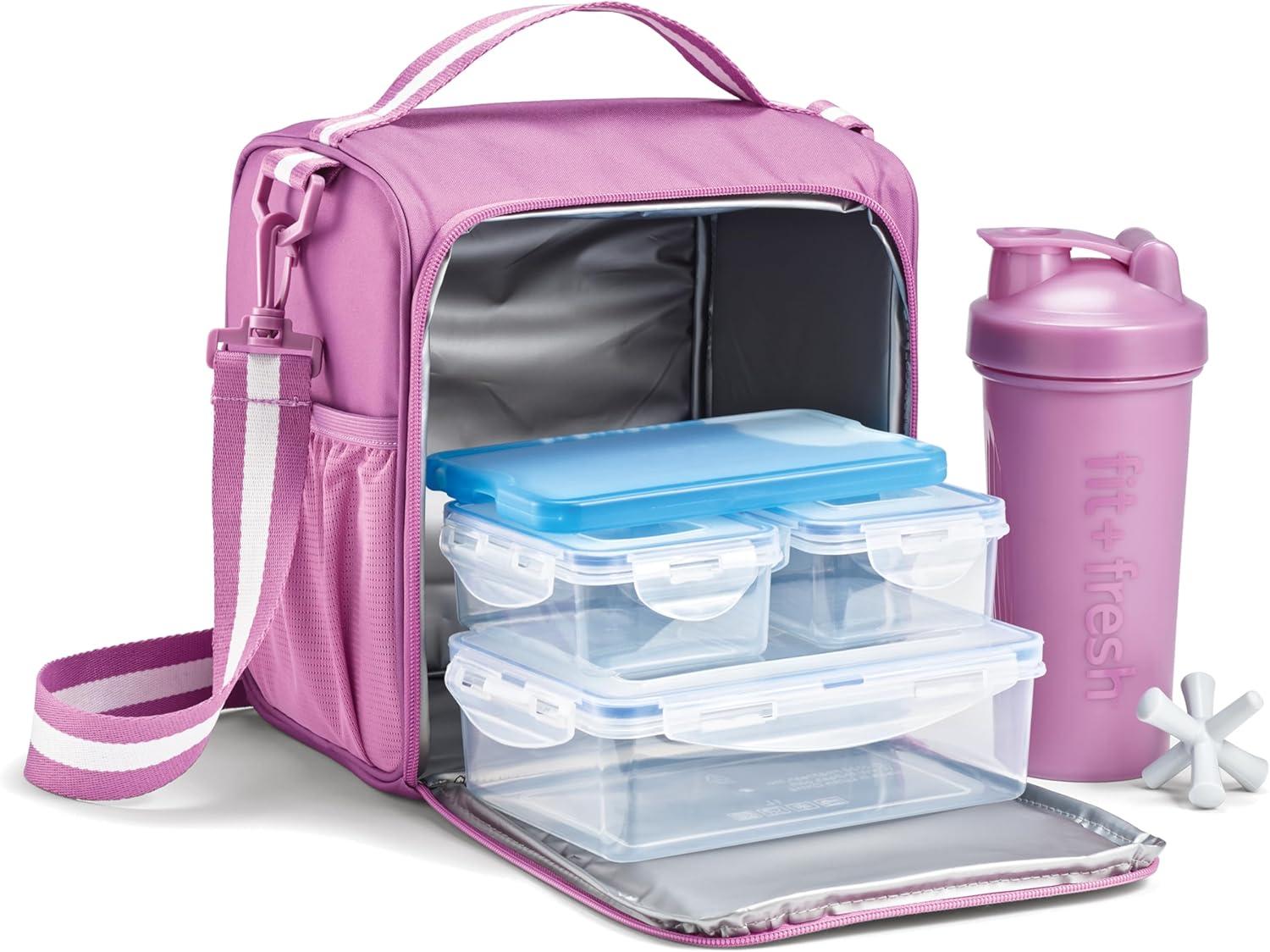 imageFit ampamp Fresh BREE Meal Prep Lunch Box With Containers Ice Pack and Shaker Bottle For Men and Women 6pc Meal Prep Kit Lunch Bag With Containers Included NavyMauve