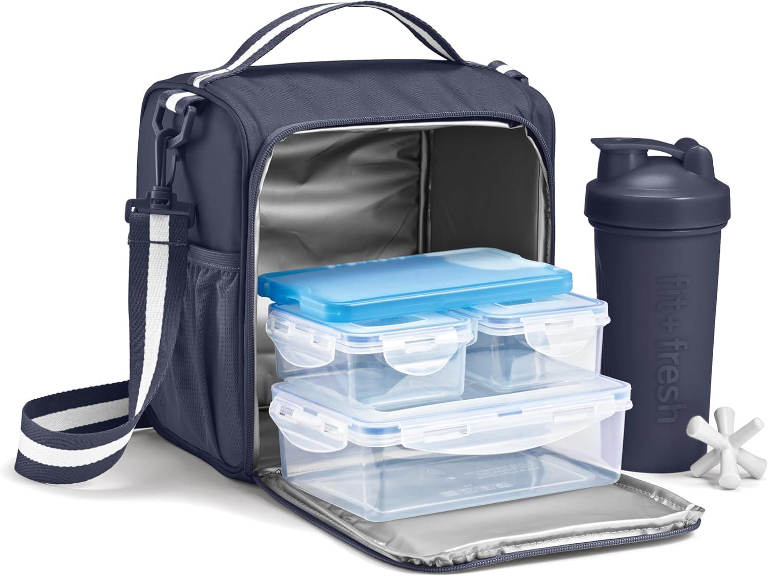 imageFit ampamp Fresh BREE Meal Prep Lunch Box With Containers Ice Pack and Shaker Bottle For Men and Women 6pc Meal Prep Kit Lunch Bag With Containers Included NavyNavy