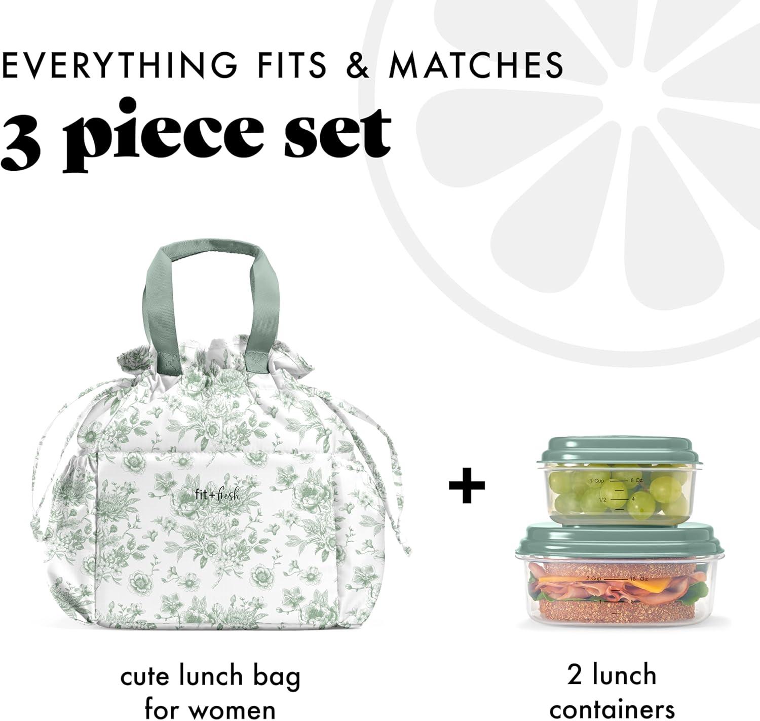 imageFit ampamp Fresh Cromwell Drawstring Lunch Bag for Women Complete Lunch Set with 2 Containers StainResistant LeakResistant Back to School Essential Teacher Lunchbox Sage Floral ToileSage Floral Toile