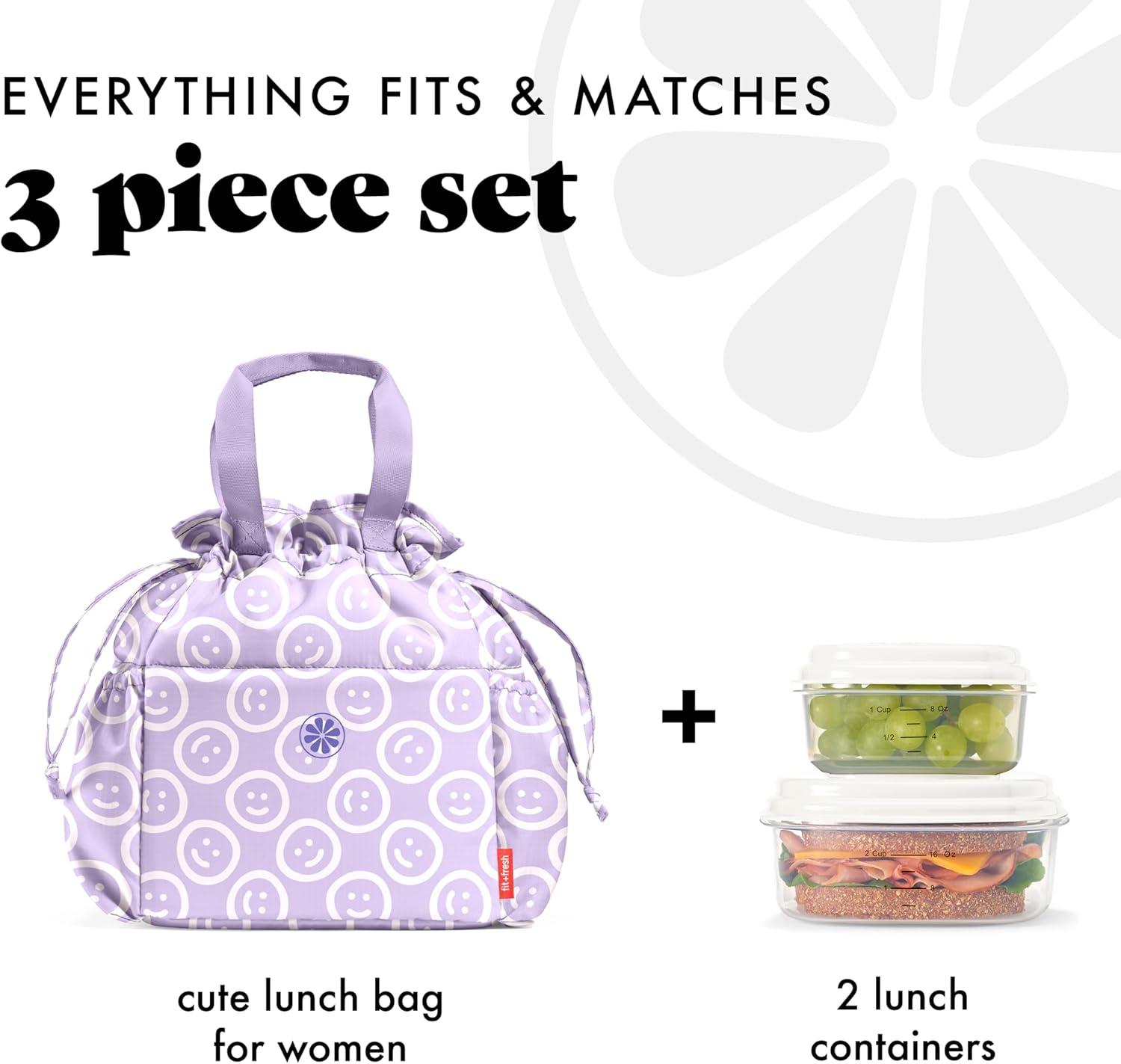 imageFit ampamp Fresh Cromwell Drawstring Lunch Bag for Women Complete Lunch Set with 2 Containers StainResistant LeakResistant Back to School Essential Teacher Lunchbox Sage Floral ToileLavender Smiles