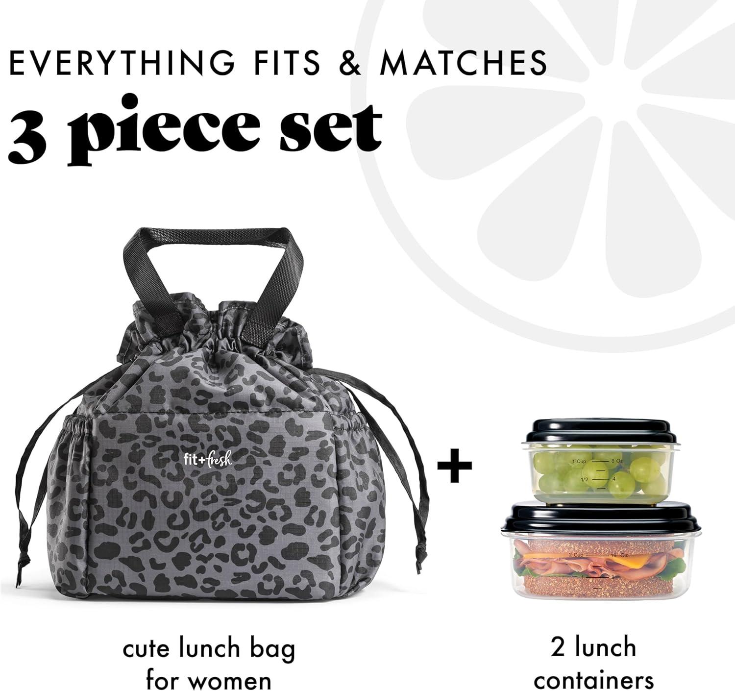 imageFit ampamp Fresh Cromwell Drawstring Lunch Bag for Women Complete Lunch Set with 2 Containers StainResistant LeakResistant Back to School Essential Teacher Lunchbox Sage Floral ToileBlack Cheetah