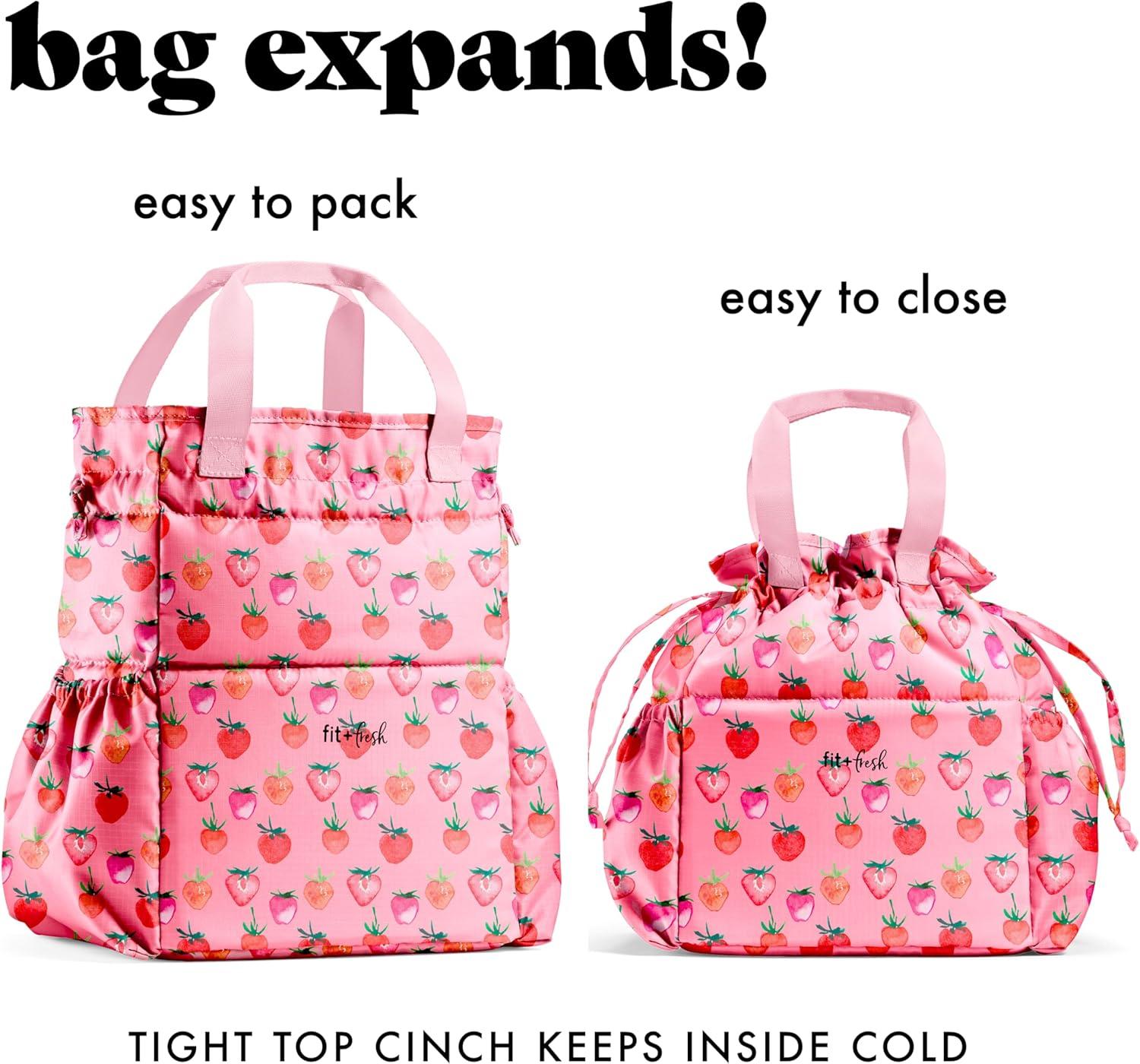 imageFit ampamp Fresh Cromwell Drawstring Lunch Bag for Women Complete Lunch Set with 2 Containers StainResistant LeakResistant Back to School Essential Teacher Lunchbox Sage Floral ToilePink Strawberries