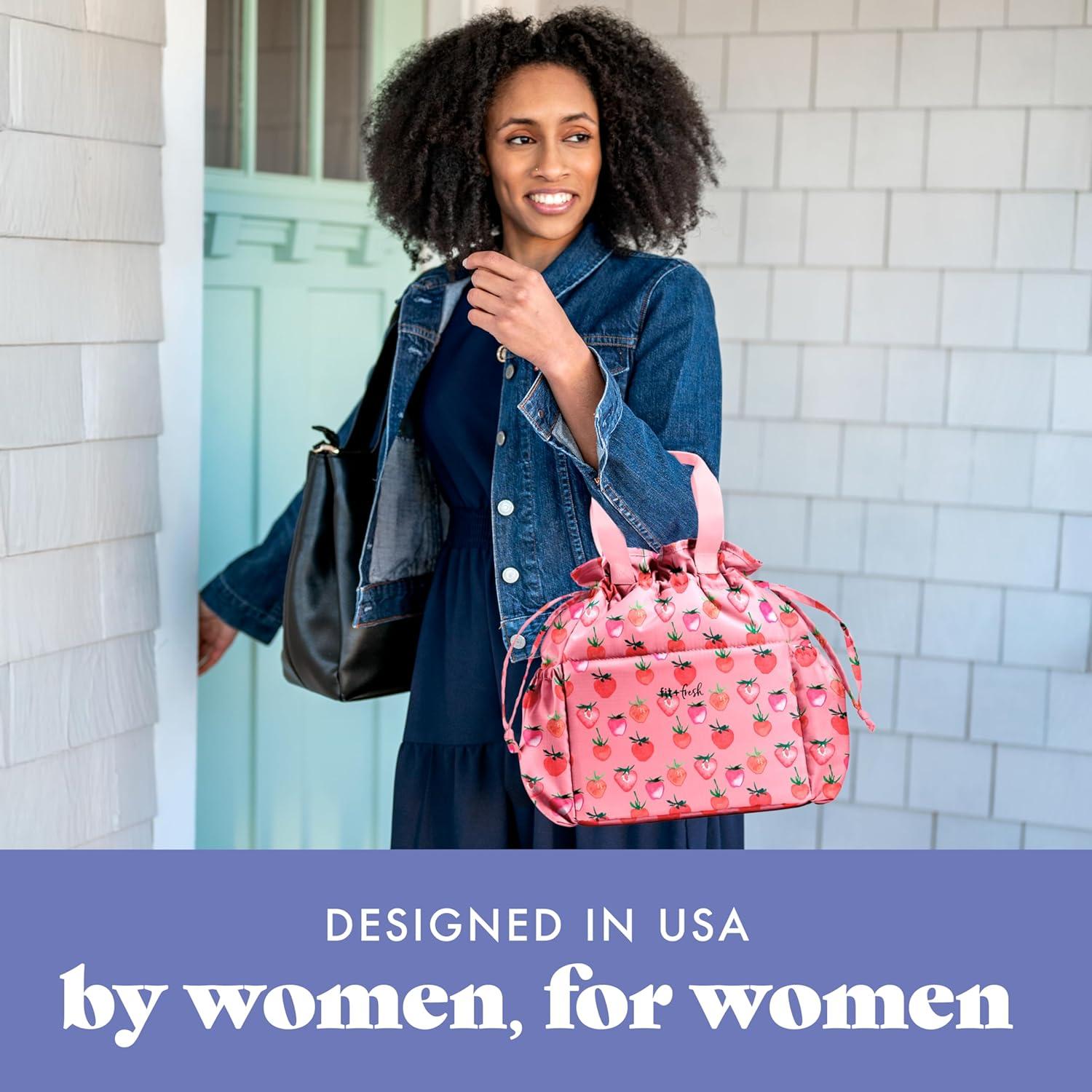 imageFit ampamp Fresh Cromwell Drawstring Lunch Bag for Women Complete Lunch Set with 2 Containers StainResistant LeakResistant Back to School Essential Teacher Lunchbox Sage Floral ToilePink Strawberries