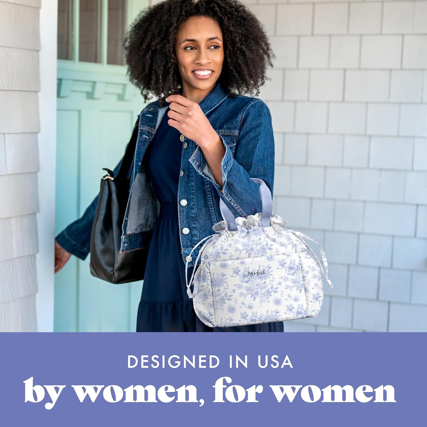 imageFit ampamp Fresh Cromwell Drawstring Lunch Bag for Women Complete Lunch Set with 2 Containers StainResistant LeakResistant Back to School Essential Teacher Lunchbox Sage Floral ToileBlue Floral Toile