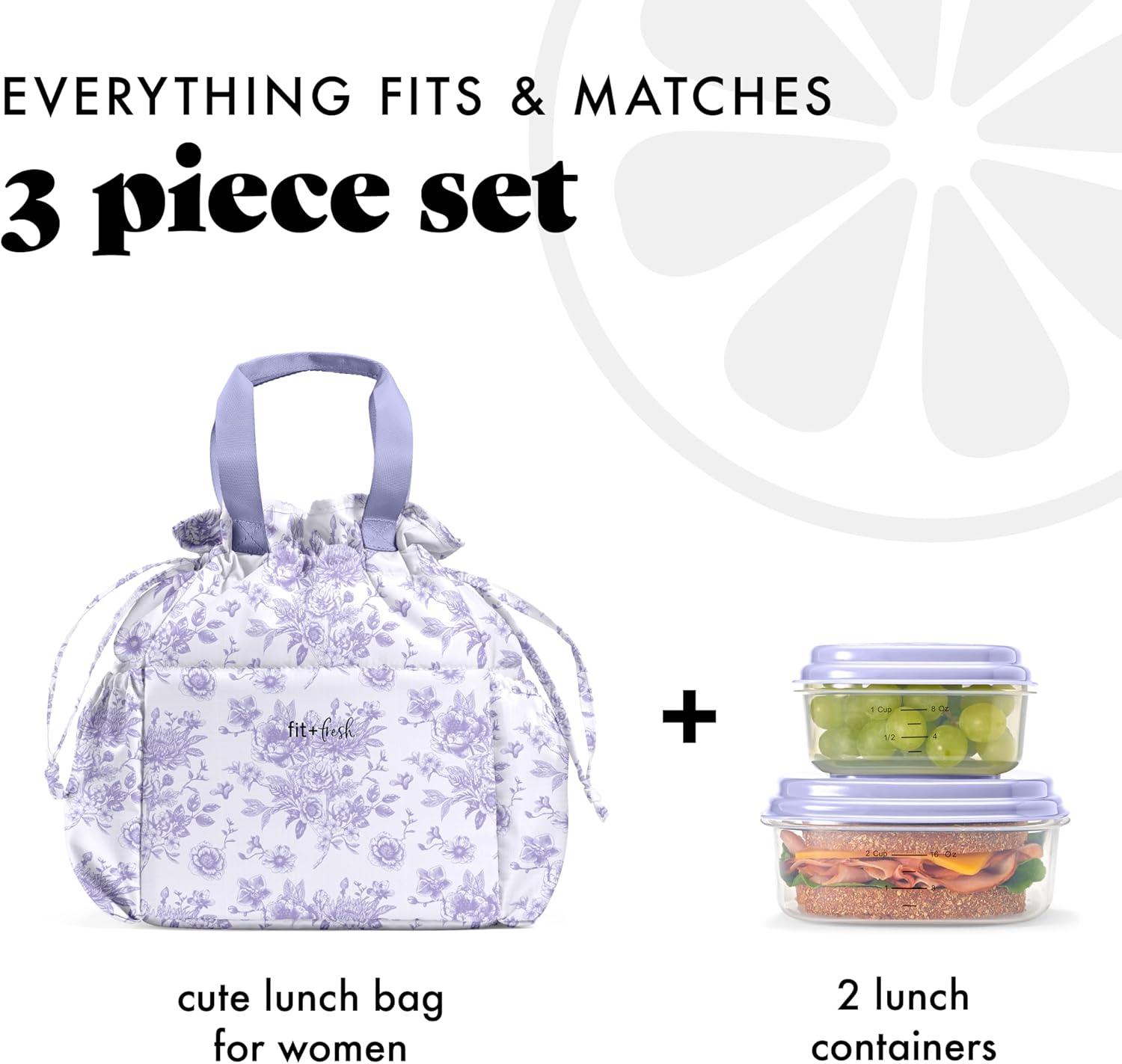 imageFit ampamp Fresh Cromwell Drawstring Lunch Bag for Women Complete Lunch Set with 2 Containers StainResistant LeakResistant Back to School Essential Teacher Lunchbox Sage Floral ToilePurple Floral Toile