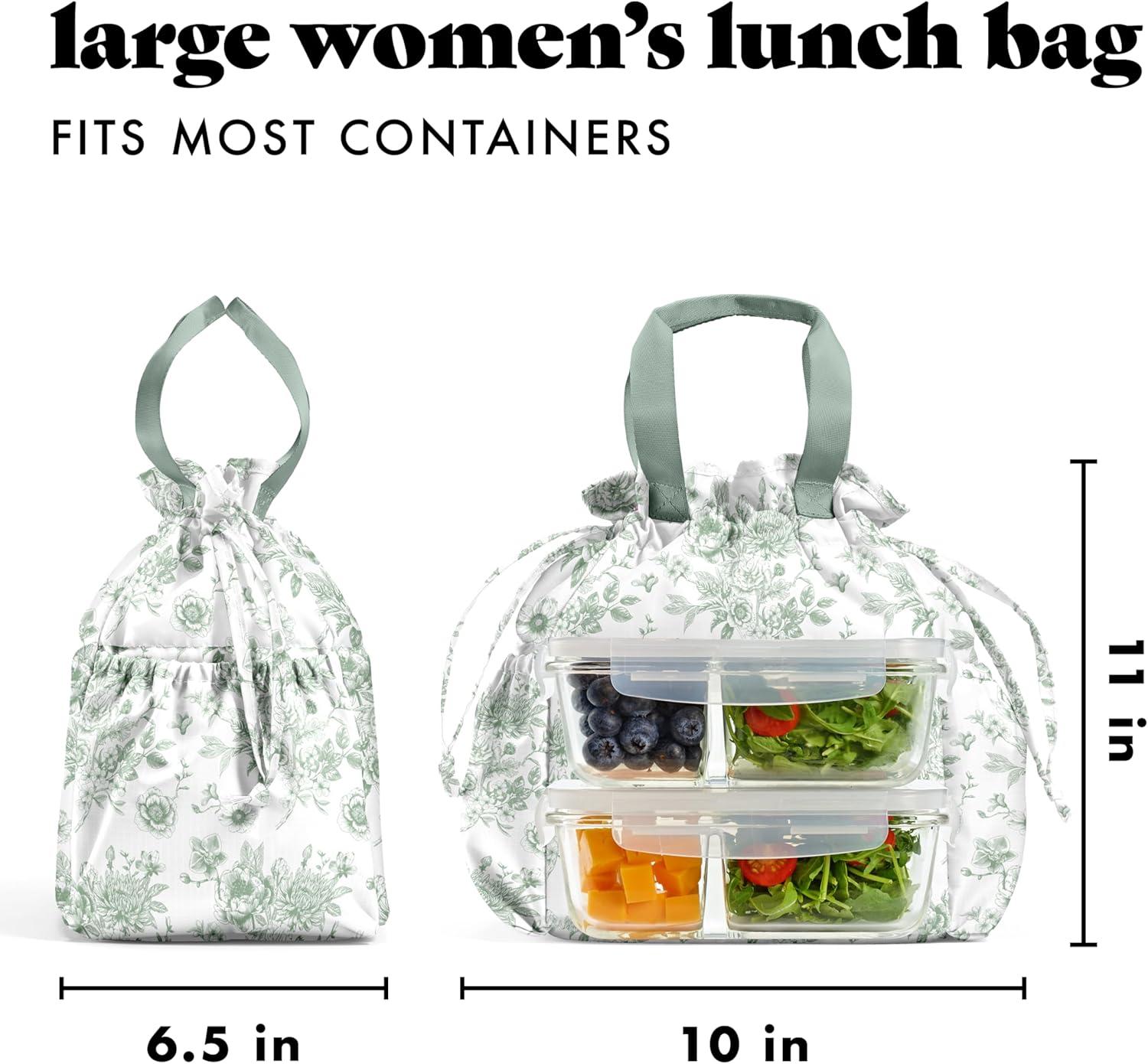 imageFit ampamp Fresh Cromwell Drawstring Lunch Bag for Women Complete Lunch Set with 2 Containers StainResistant LeakResistant Back to School Essential Teacher Lunchbox Sage Floral ToileSage Floral Toile