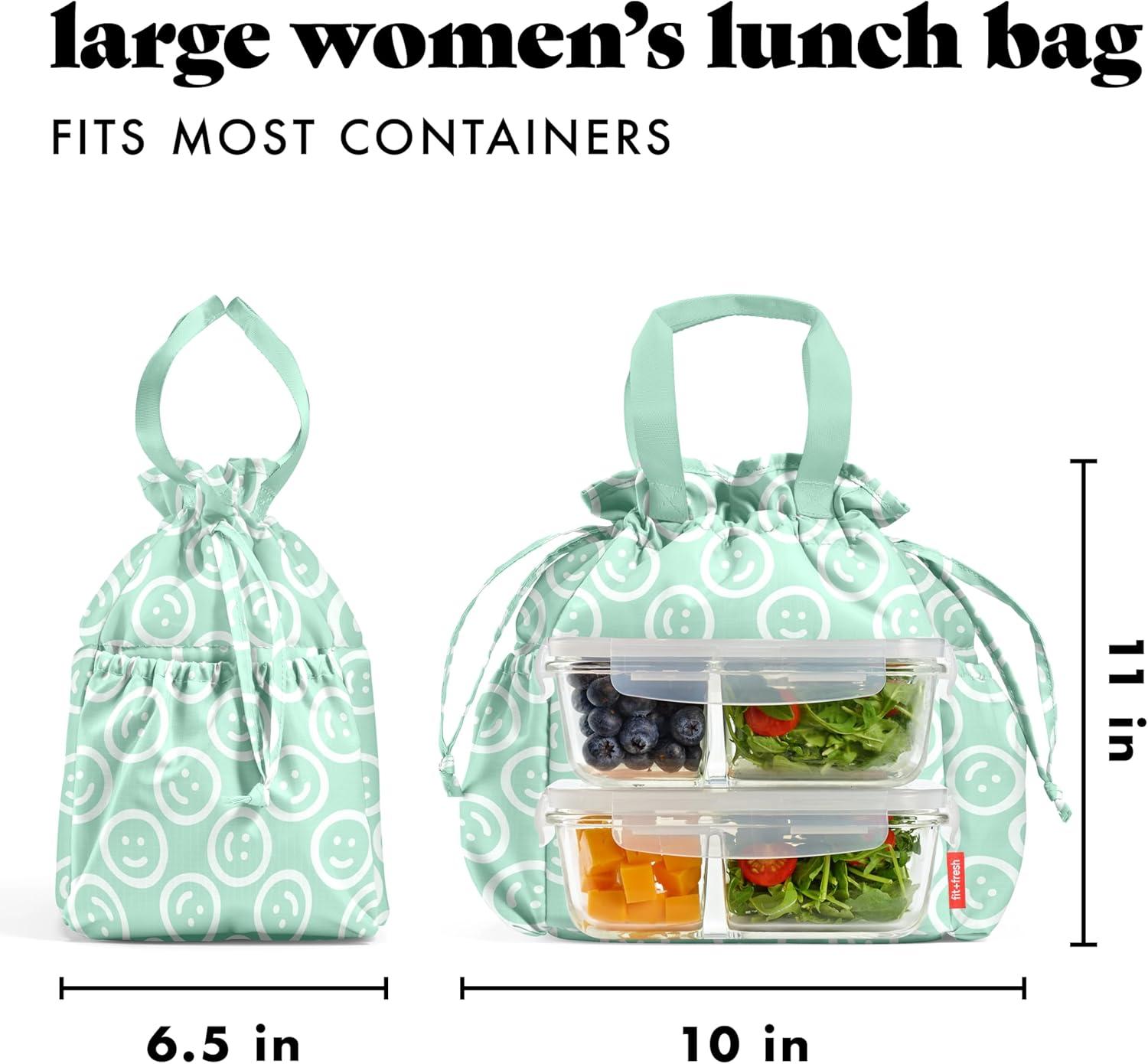 imageFit ampamp Fresh Cromwell Drawstring Lunch Bag for Women Complete Lunch Set with 2 Containers StainResistant LeakResistant Back to School Essential Teacher Lunchbox Sage Floral ToileMint Smiles