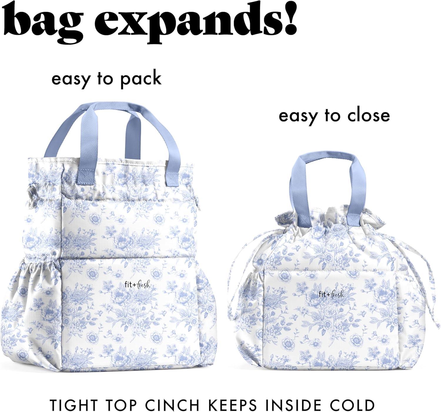 imageFit ampamp Fresh Cromwell Drawstring Lunch Bag for Women Complete Lunch Set with 2 Containers StainResistant LeakResistant Back to School Essential Teacher Lunchbox Sage Floral ToileBlue Floral Toile