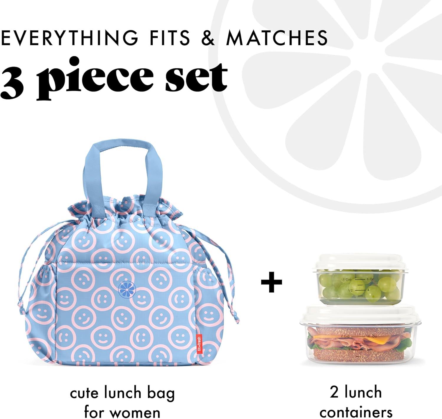 imageFit ampamp Fresh Cromwell Drawstring Lunch Bag for Women Complete Lunch Set with 2 Containers StainResistant LeakResistant Back to School Essential Teacher Lunchbox Sage Floral ToileBubble Gum