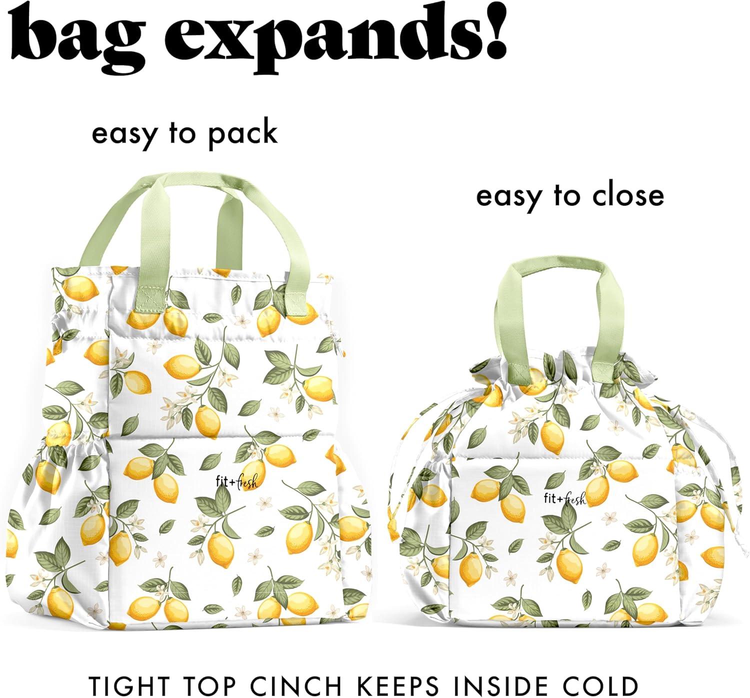 imageFit ampamp Fresh Cromwell Drawstring Lunch Bag for Women Complete Lunch Set with 2 Containers StainResistant LeakResistant Back to School Essential Teacher Lunchbox Sage Floral ToileYellow Lemons