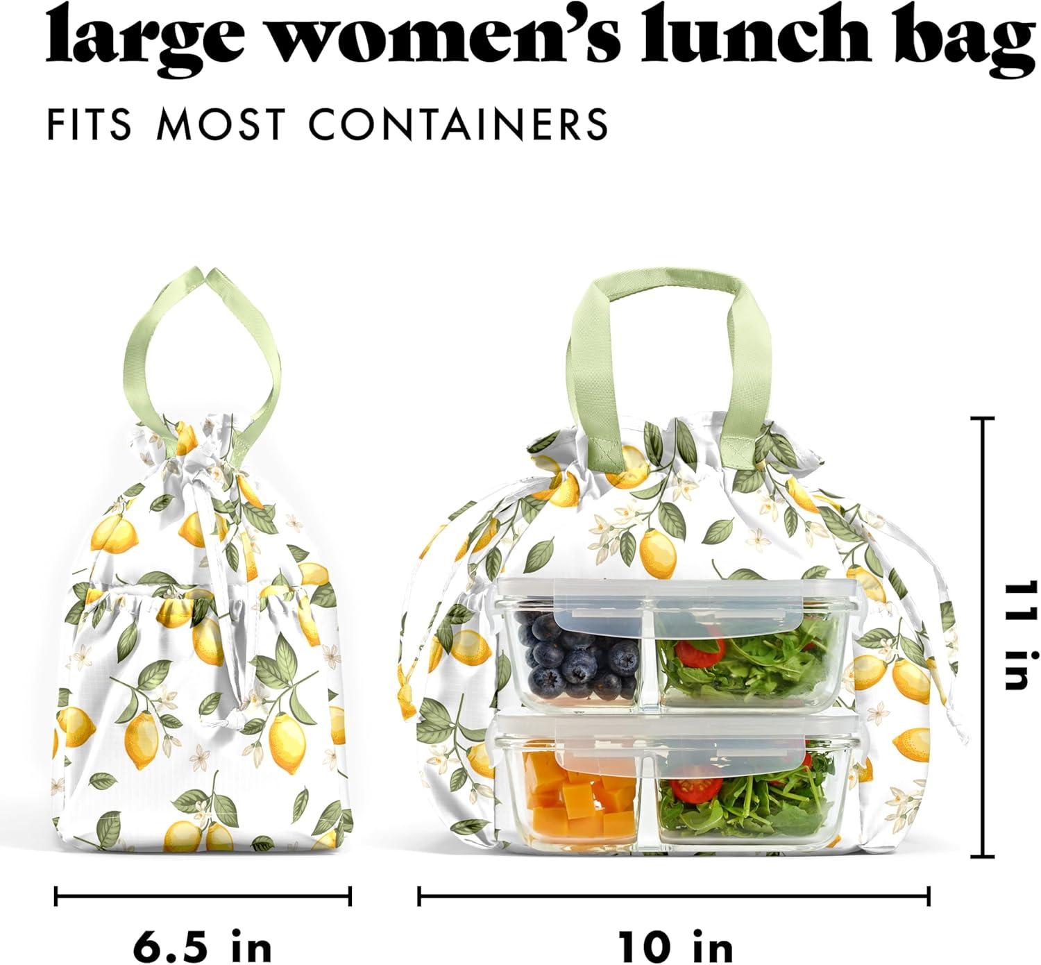 imageFit ampamp Fresh Cromwell Drawstring Lunch Bag for Women Complete Lunch Set with 2 Containers StainResistant LeakResistant Back to School Essential Teacher Lunchbox Sage Floral ToileYellow Lemons