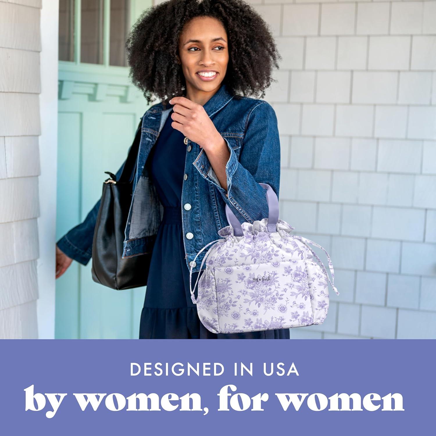 imageFit ampamp Fresh Cromwell Drawstring Lunch Bag for Women Complete Lunch Set with 2 Containers StainResistant LeakResistant Back to School Essential Teacher Lunchbox Sage Floral ToilePurple Floral Toile