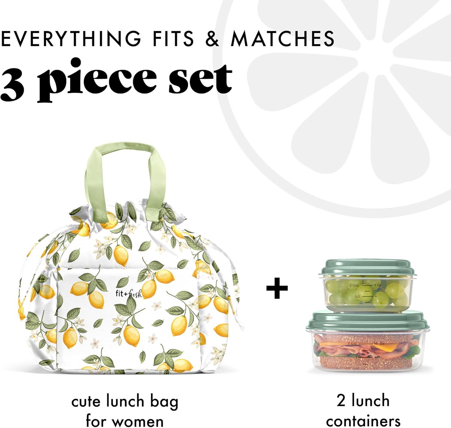 imageFit ampamp Fresh Cromwell Drawstring Lunch Bag for Women Complete Lunch Set with 2 Containers StainResistant LeakResistant Back to School Essential Teacher Lunchbox Sage Floral ToileYellow Lemons