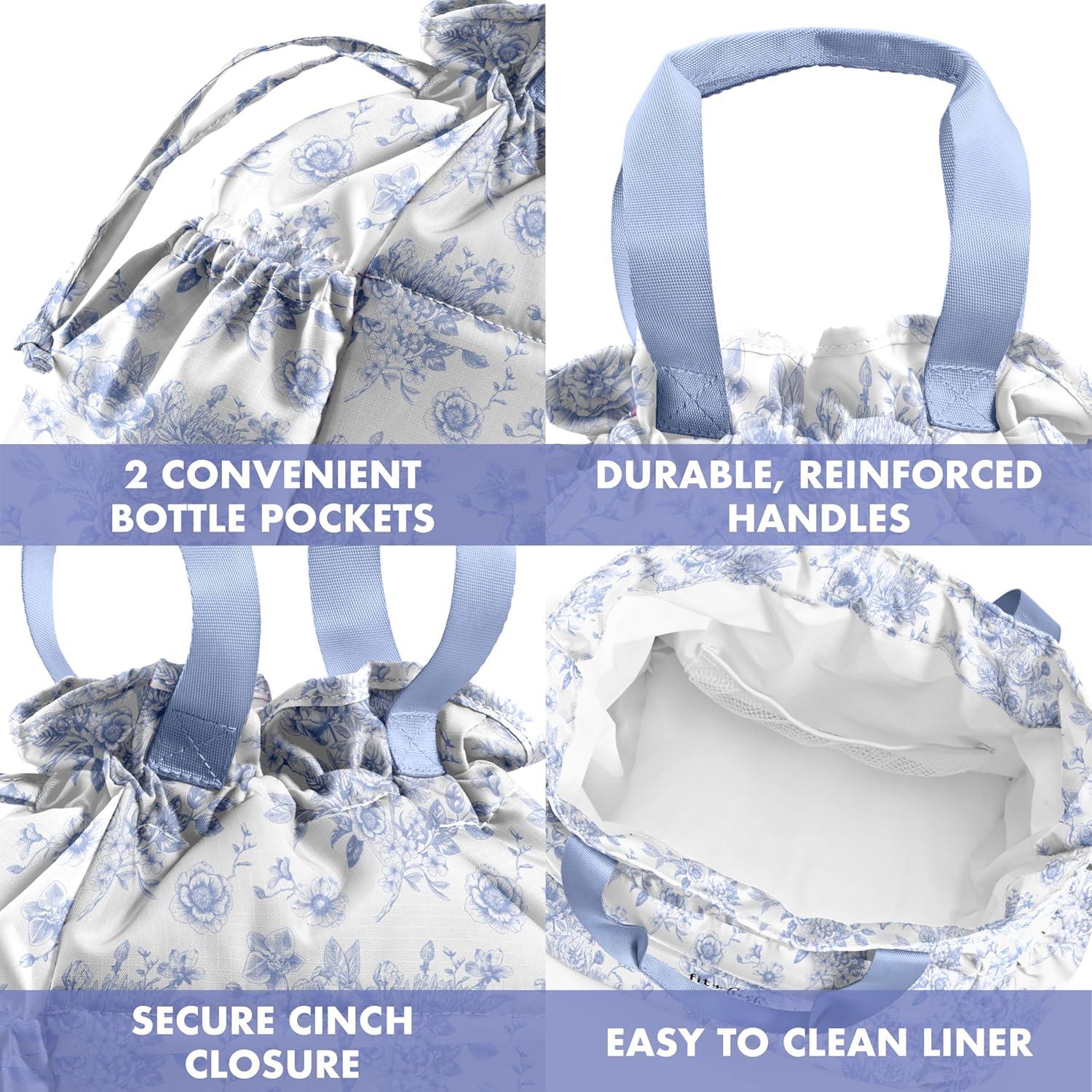 imageFit ampamp Fresh Cromwell Drawstring Lunch Bag for Women Complete Lunch Set with 2 Containers StainResistant LeakResistant Back to School Essential Teacher Lunchbox Sage Floral ToileBlue Floral Toile
