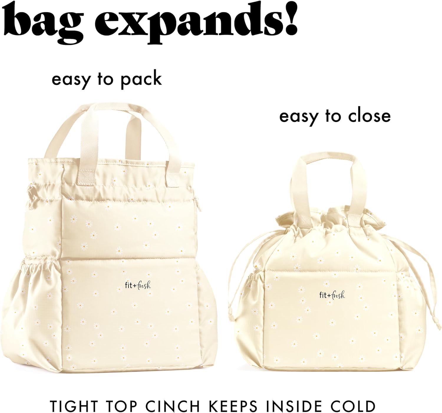 imageFit ampamp Fresh Cromwell Drawstring Lunch Bag for Women Complete Lunch Set with 2 Containers StainResistant LeakResistant Back to School Essential Teacher Lunchbox Sage Floral ToileIvory
