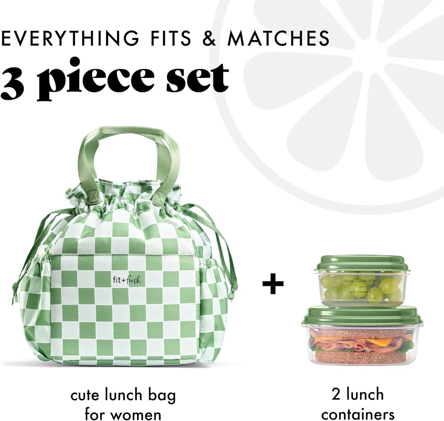 imageFit ampamp Fresh Cromwell Drawstring Lunch Bag for Women Complete Lunch Set with 2 Containers StainResistant LeakResistant Back to School Essential Teacher Lunchbox Sage Floral ToileGreen