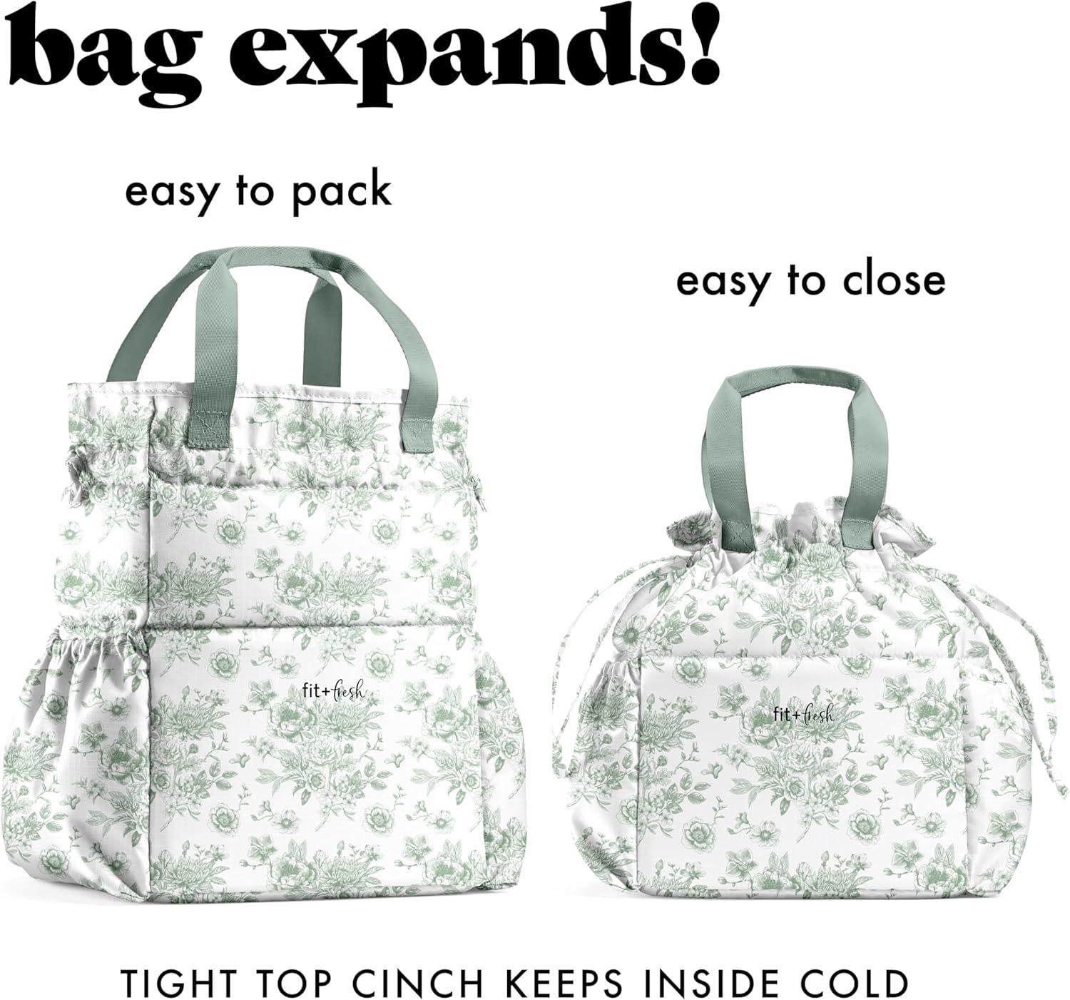 imageFit ampamp Fresh Cromwell Drawstring Lunch Bag for Women Complete Lunch Set with 2 Containers StainResistant LeakResistant Back to School Essential Teacher Lunchbox Sage Floral ToileSage Floral Toile