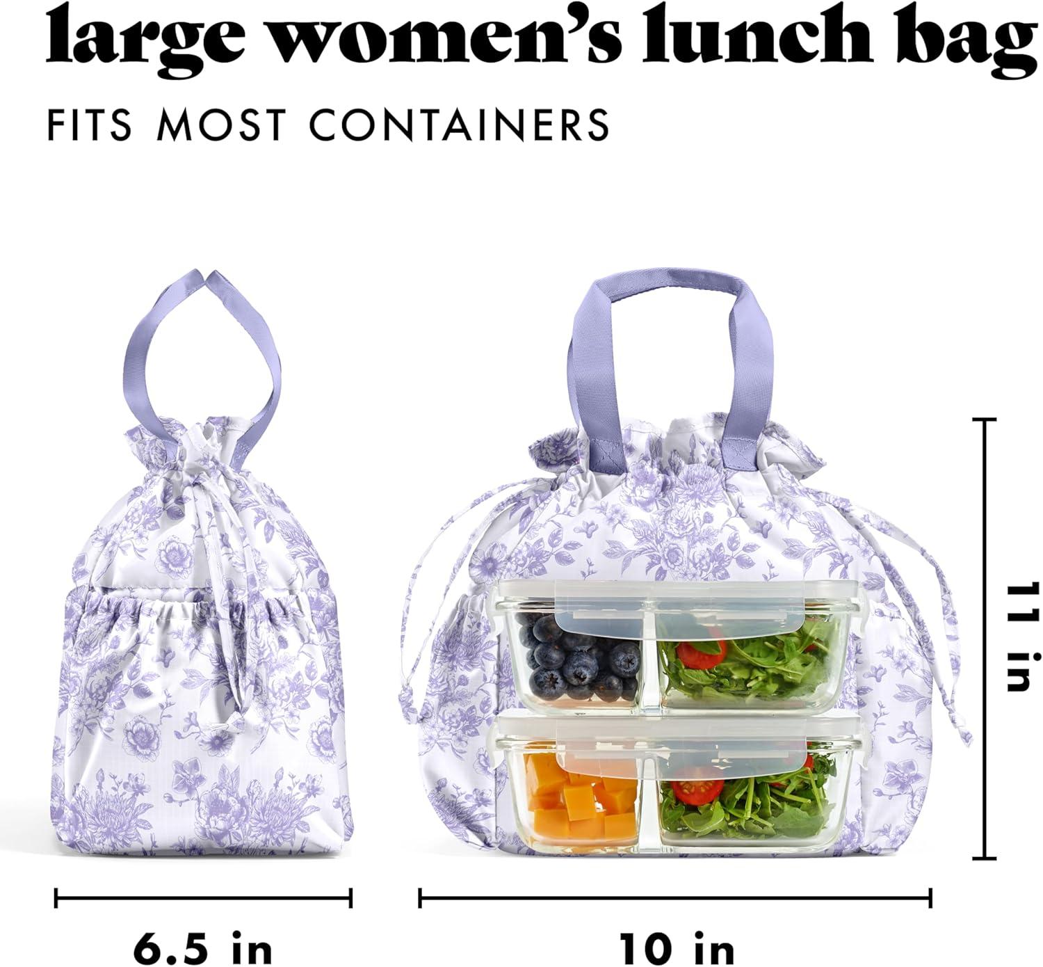 imageFit ampamp Fresh Cromwell Drawstring Lunch Bag for Women Complete Lunch Set with 2 Containers StainResistant LeakResistant Back to School Essential Teacher Lunchbox Sage Floral ToilePurple Floral Toile