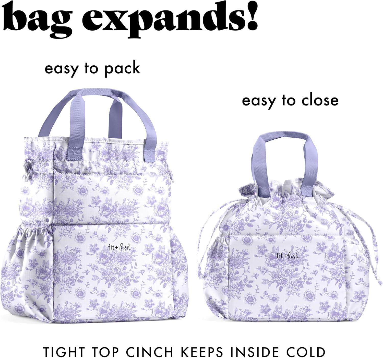 imageFit ampamp Fresh Cromwell Drawstring Lunch Bag for Women Complete Lunch Set with 2 Containers StainResistant LeakResistant Back to School Essential Teacher Lunchbox Sage Floral ToilePurple Floral Toile