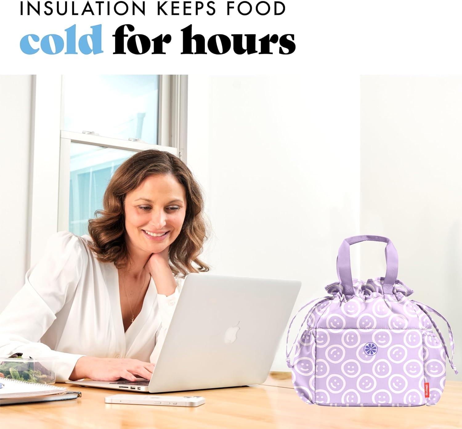 imageFit ampamp Fresh Cromwell Drawstring Lunch Bag for Women Complete Lunch Set with 2 Containers StainResistant LeakResistant Back to School Essential Teacher Lunchbox Sage Floral ToileLavender Smiles
