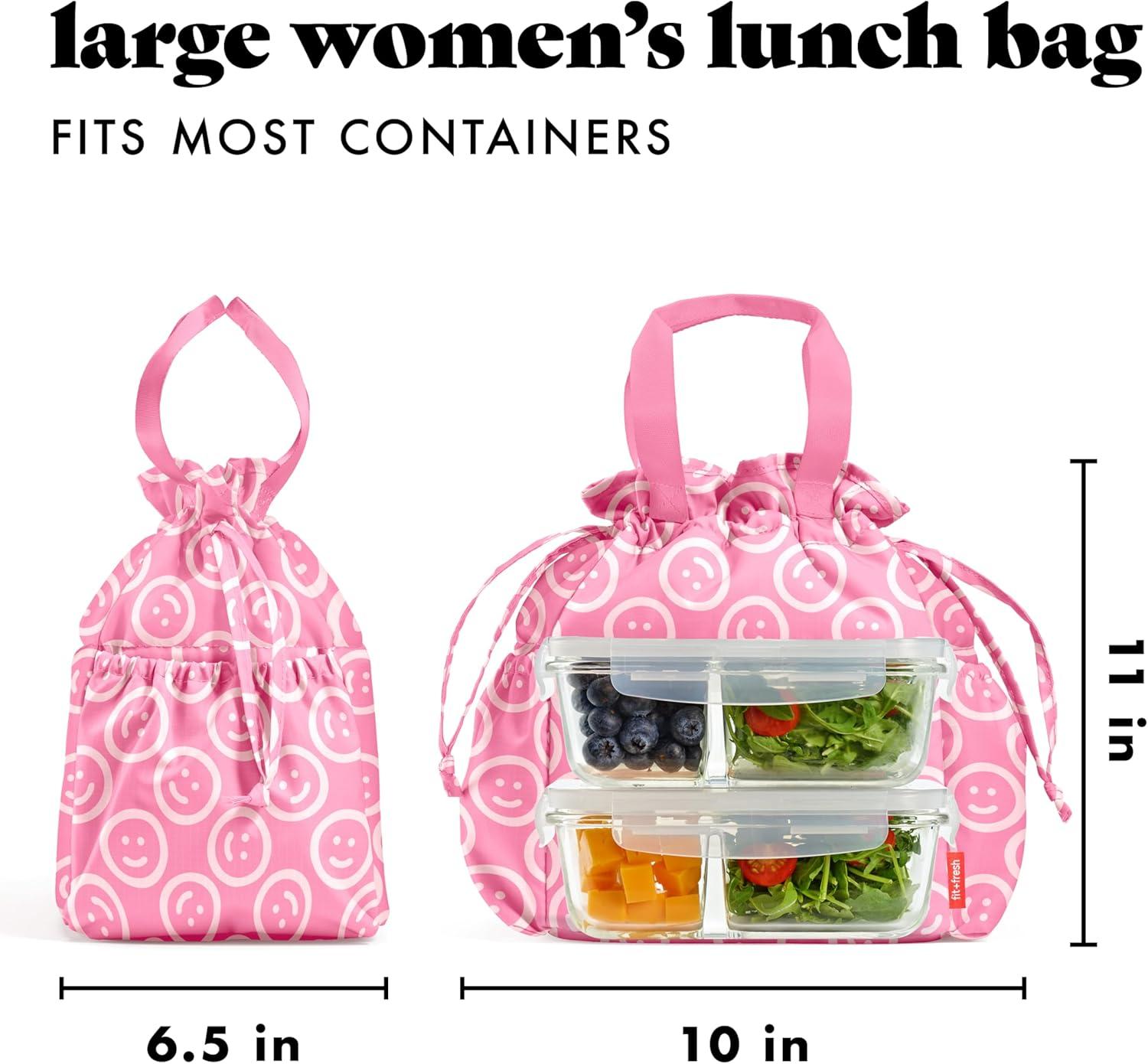 imageFit ampamp Fresh Cromwell Drawstring Lunch Bag for Women Complete Lunch Set with 2 Containers StainResistant LeakResistant Back to School Essential Teacher Lunchbox Sage Floral ToileFuchsia Smiles