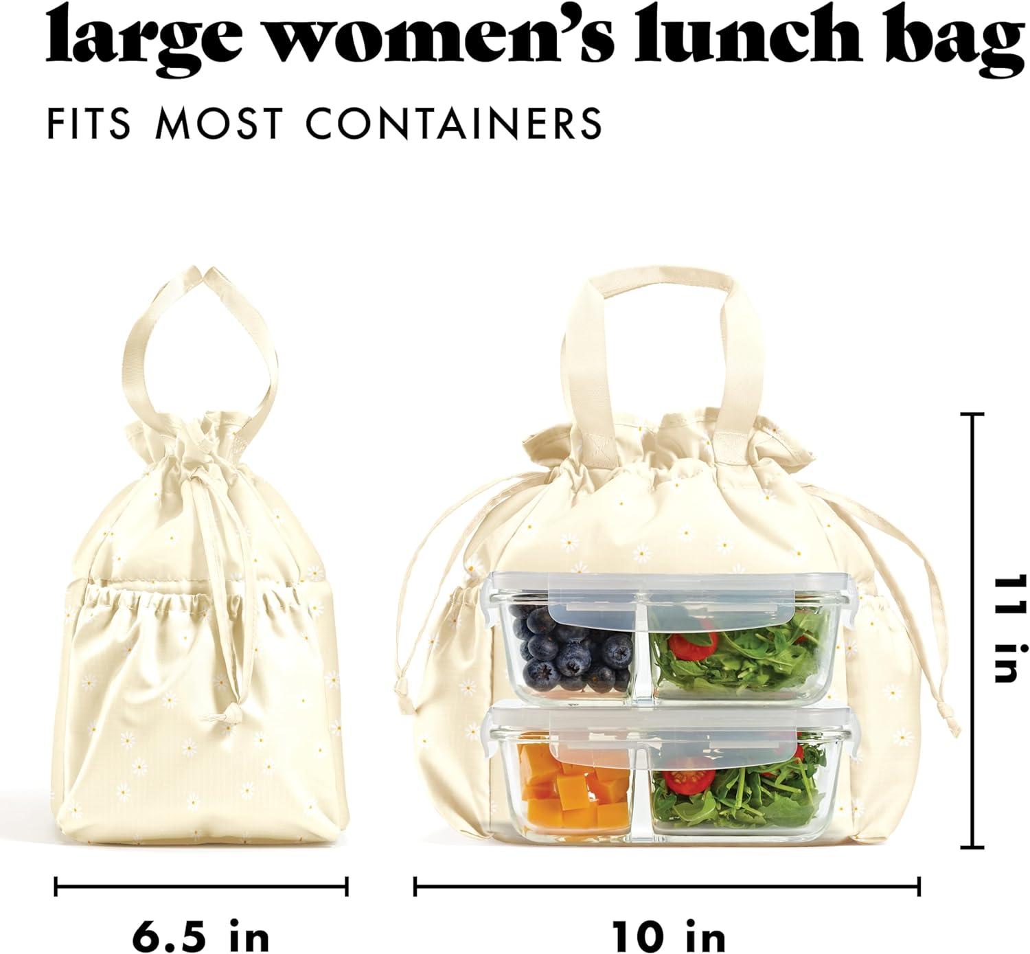 imageFit ampamp Fresh Cromwell Drawstring Lunch Bag for Women Complete Lunch Set with 2 Containers StainResistant LeakResistant Back to School Essential Teacher Lunchbox Sage Floral ToileIvory