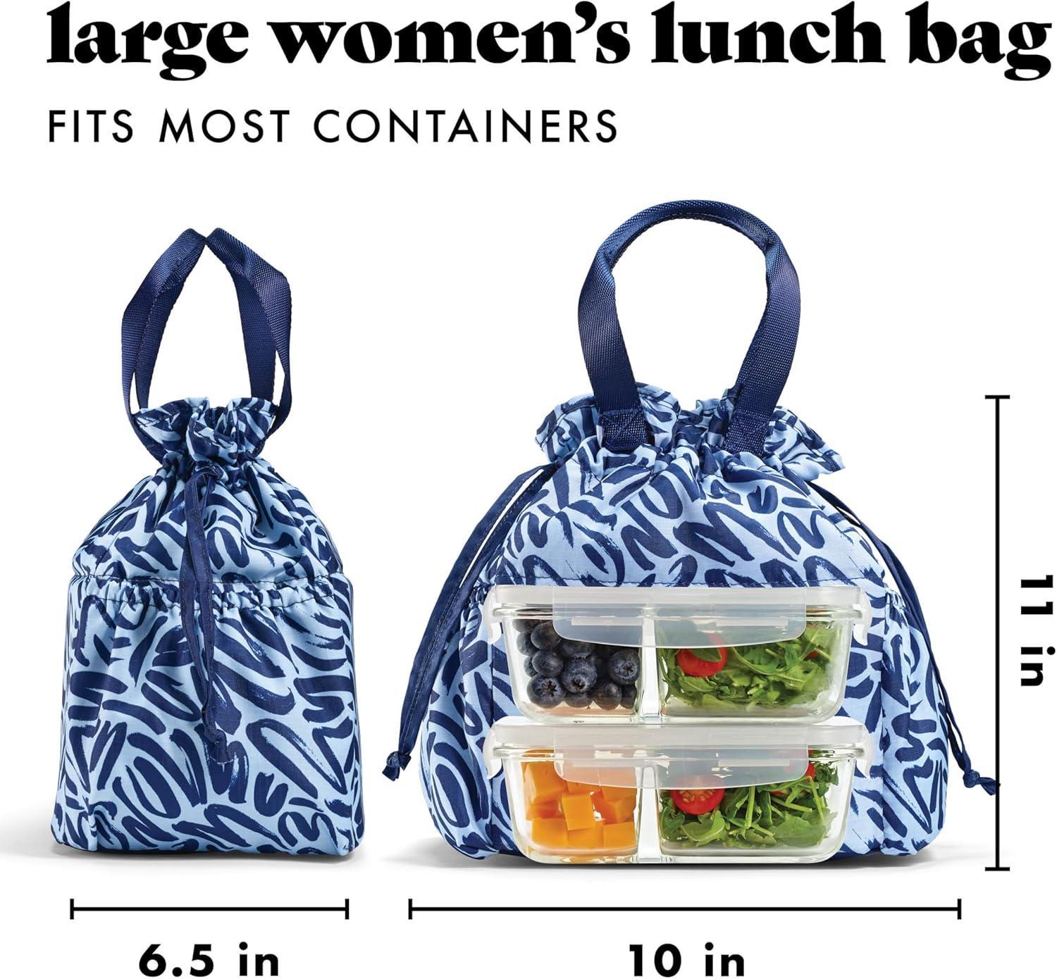 imageFit ampamp Fresh Cromwell Drawstring Lunch Bag for Women Complete Lunch Set with 2 Containers StainResistant LeakResistant Back to School Essential Teacher Lunchbox Sage Floral ToileNavy Brush Strokes