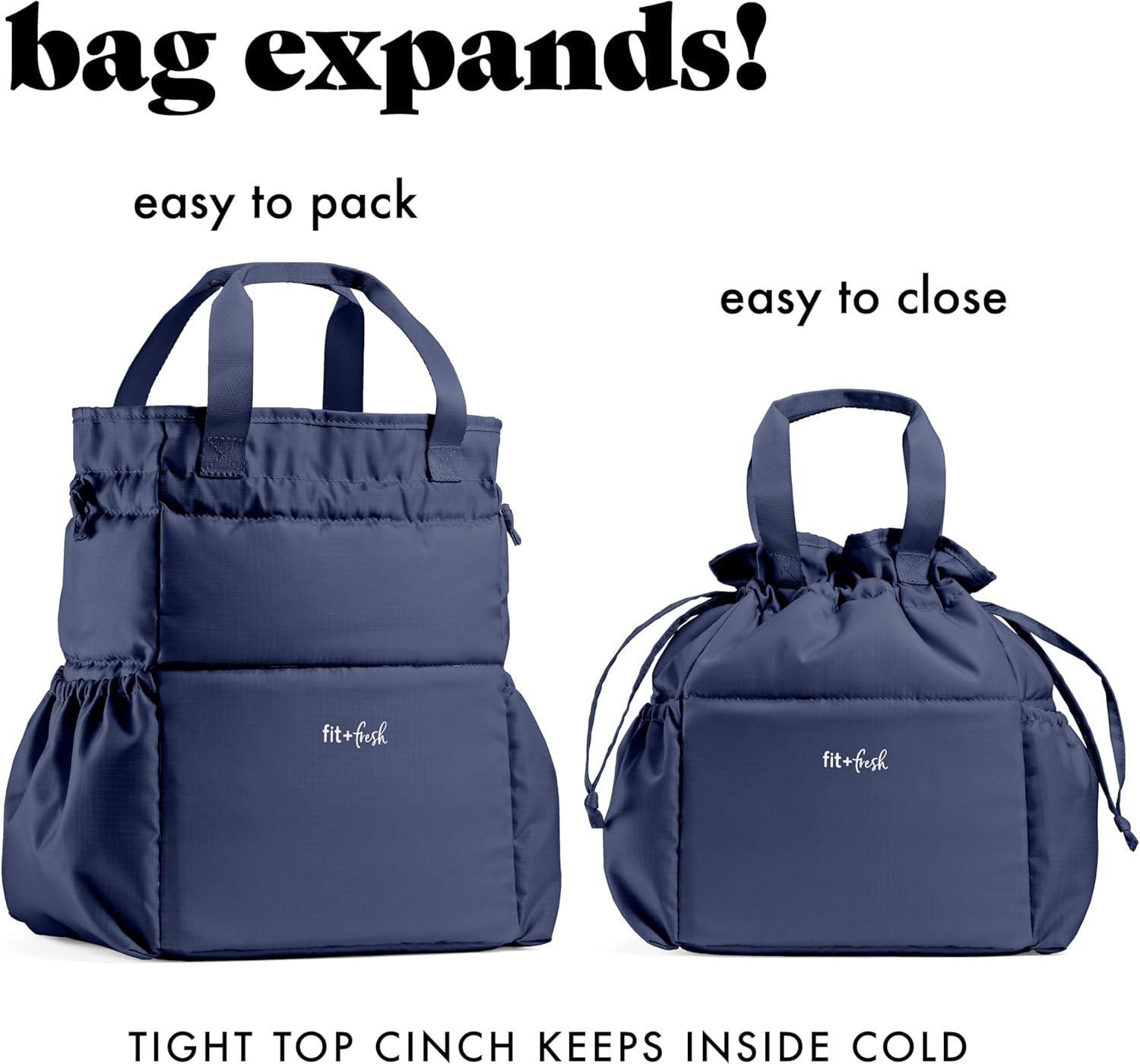 imageFit ampamp Fresh Cromwell Drawstring Lunch Bag for Women Complete Lunch Set with 2 Containers StainResistant LeakResistant Back to School Essential Teacher Lunchbox Sage Floral ToileNavy