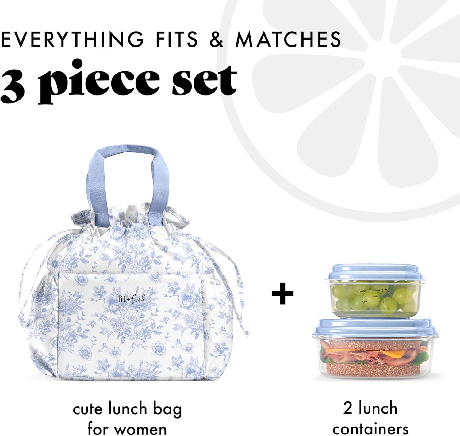 imageFit ampamp Fresh Cromwell Drawstring Lunch Bag for Women Complete Lunch Set with 2 Containers StainResistant LeakResistant Back to School Essential Teacher Lunchbox Sage Floral ToileBlue Floral Toile