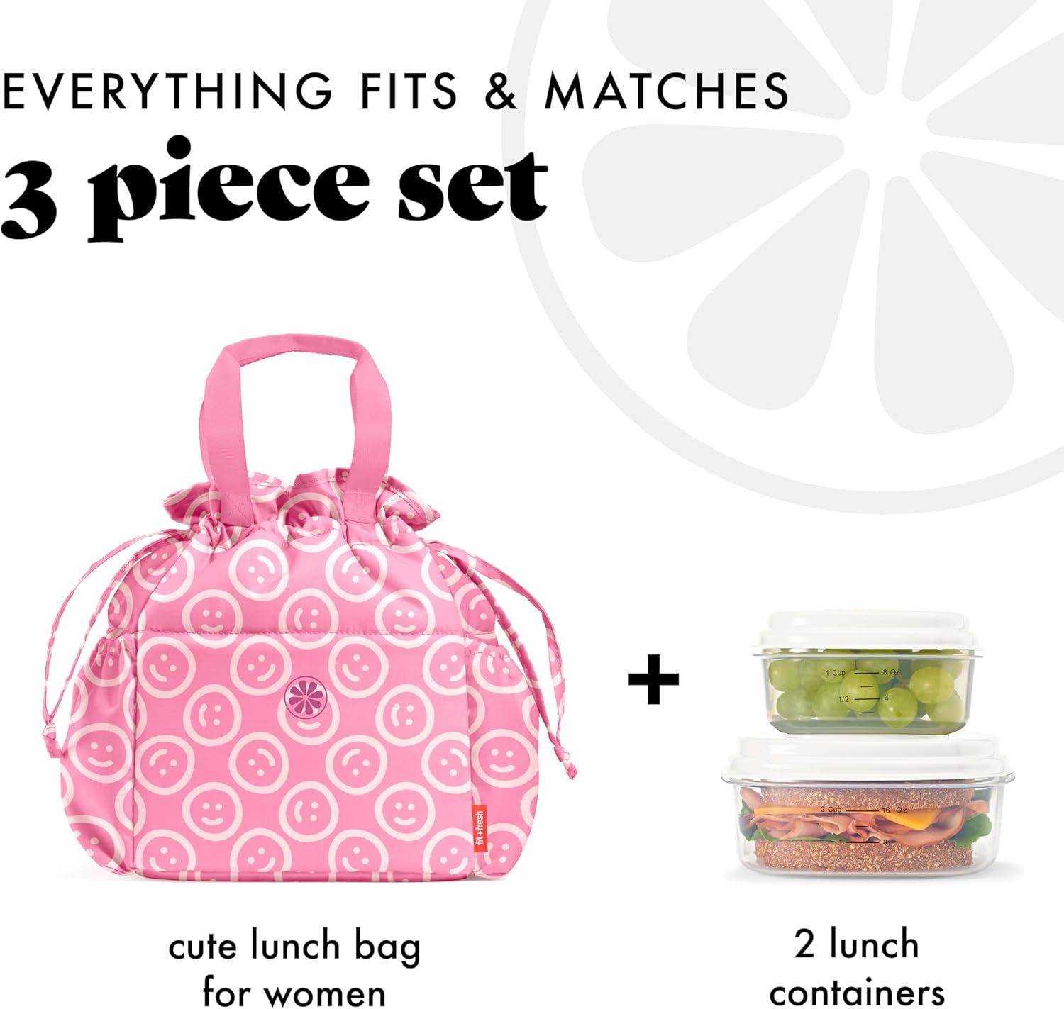 imageFit ampamp Fresh Cromwell Drawstring Lunch Bag for Women Complete Lunch Set with 2 Containers StainResistant LeakResistant Back to School Essential Teacher Lunchbox Sage Floral ToileFuchsia Smiles