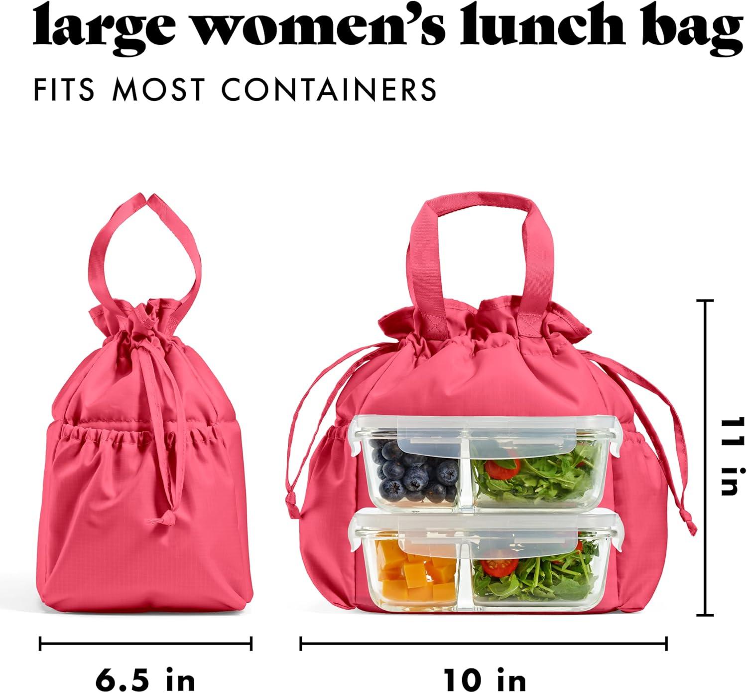 imageFit ampamp Fresh Cromwell Drawstring Lunch Bag for Women Complete Lunch Set with 2 Containers StainResistant LeakResistant Back to School Essential Teacher Lunchbox Sage Floral ToileWatermelon Pink