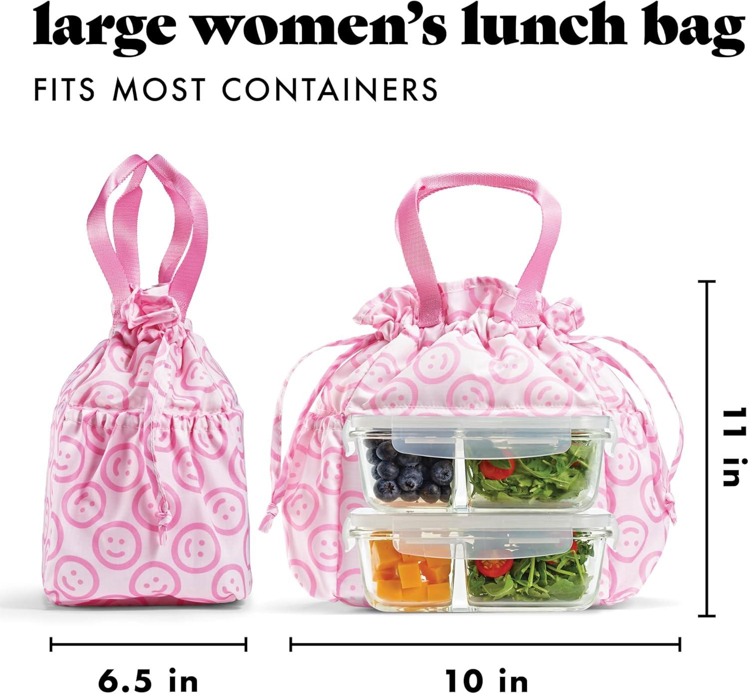 imageFit ampamp Fresh Cromwell Drawstring Lunch Bag for Women Complete Lunch Set with 2 Containers StainResistant LeakResistant Back to School Essential Teacher Lunchbox Sage Floral ToilePink