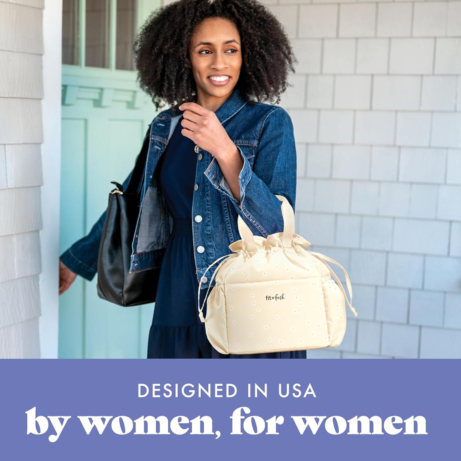 imageFit ampamp Fresh Cromwell Drawstring Lunch Bag for Women Complete Lunch Set with 2 Containers StainResistant LeakResistant Back to School Essential Teacher Lunchbox Sage Floral ToileIvory