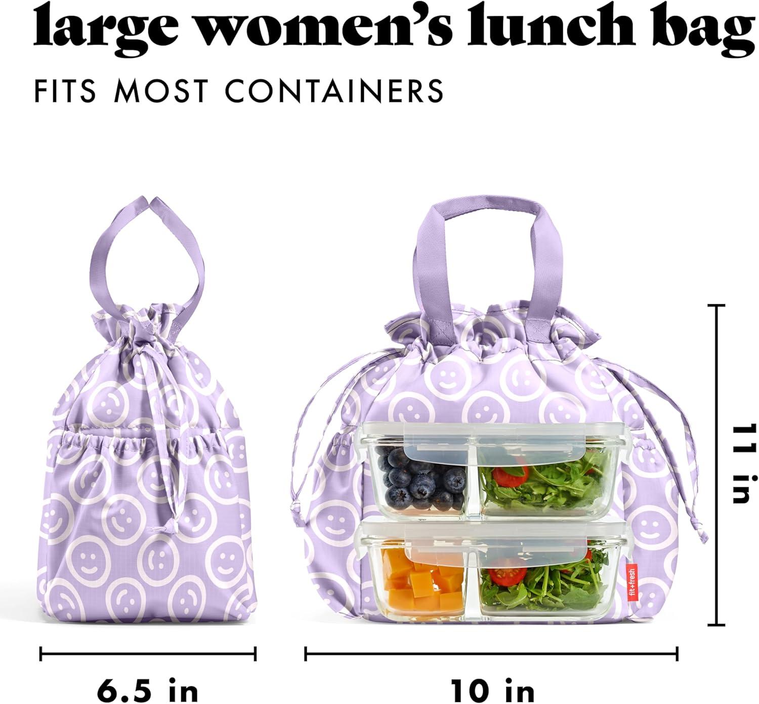 imageFit ampamp Fresh Cromwell Drawstring Lunch Bag for Women Complete Lunch Set with 2 Containers StainResistant LeakResistant Back to School Essential Teacher Lunchbox Sage Floral ToileLavender Smiles