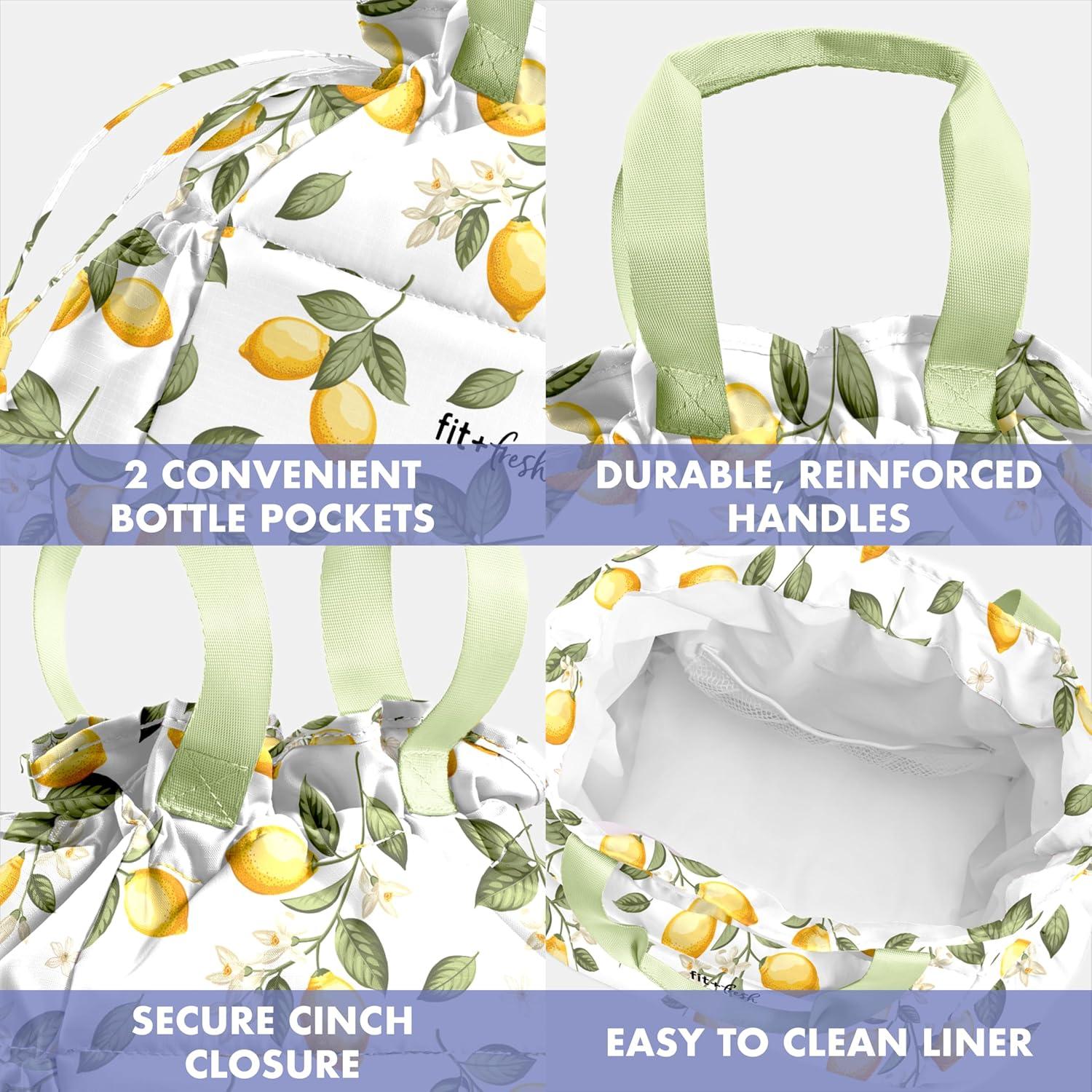 imageFit ampamp Fresh Cromwell Drawstring Lunch Bag for Women Complete Lunch Set with 2 Containers StainResistant LeakResistant Back to School Essential Teacher Lunchbox Sage Floral ToileYellow Lemons