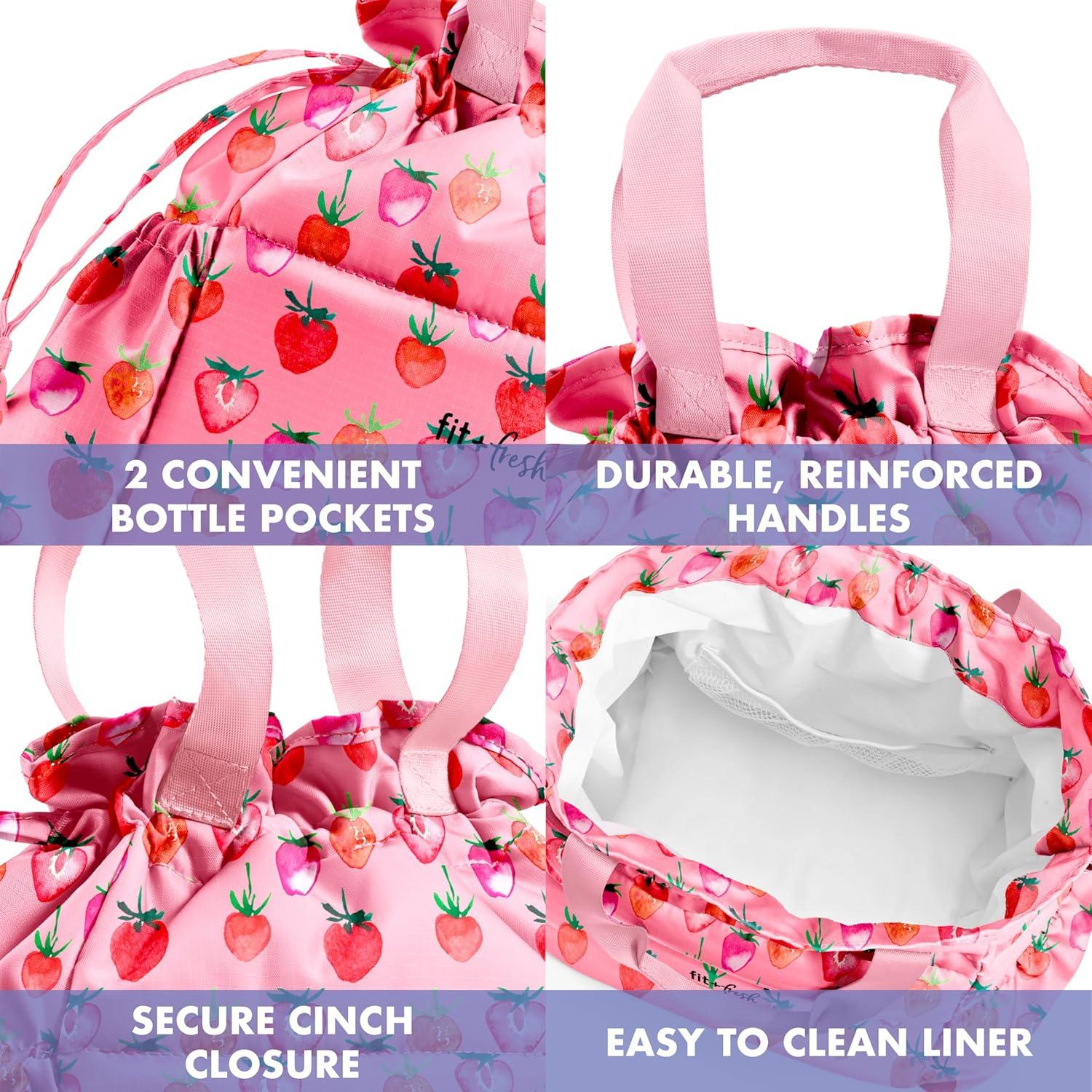 imageFit ampamp Fresh Cromwell Drawstring Lunch Bag for Women Complete Lunch Set with 2 Containers StainResistant LeakResistant Back to School Essential Teacher Lunchbox Sage Floral ToilePink Strawberries