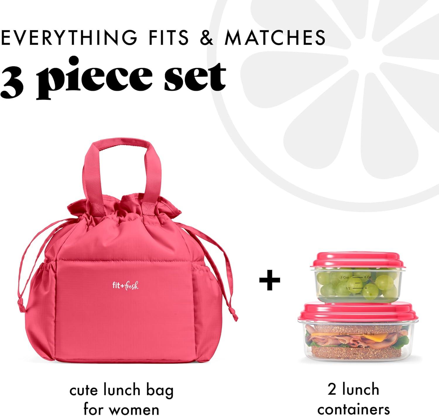 imageFit ampamp Fresh Cromwell Drawstring Lunch Bag for Women Complete Lunch Set with 2 Containers StainResistant LeakResistant Back to School Essential Teacher Lunchbox Sage Floral ToileWatermelon Pink