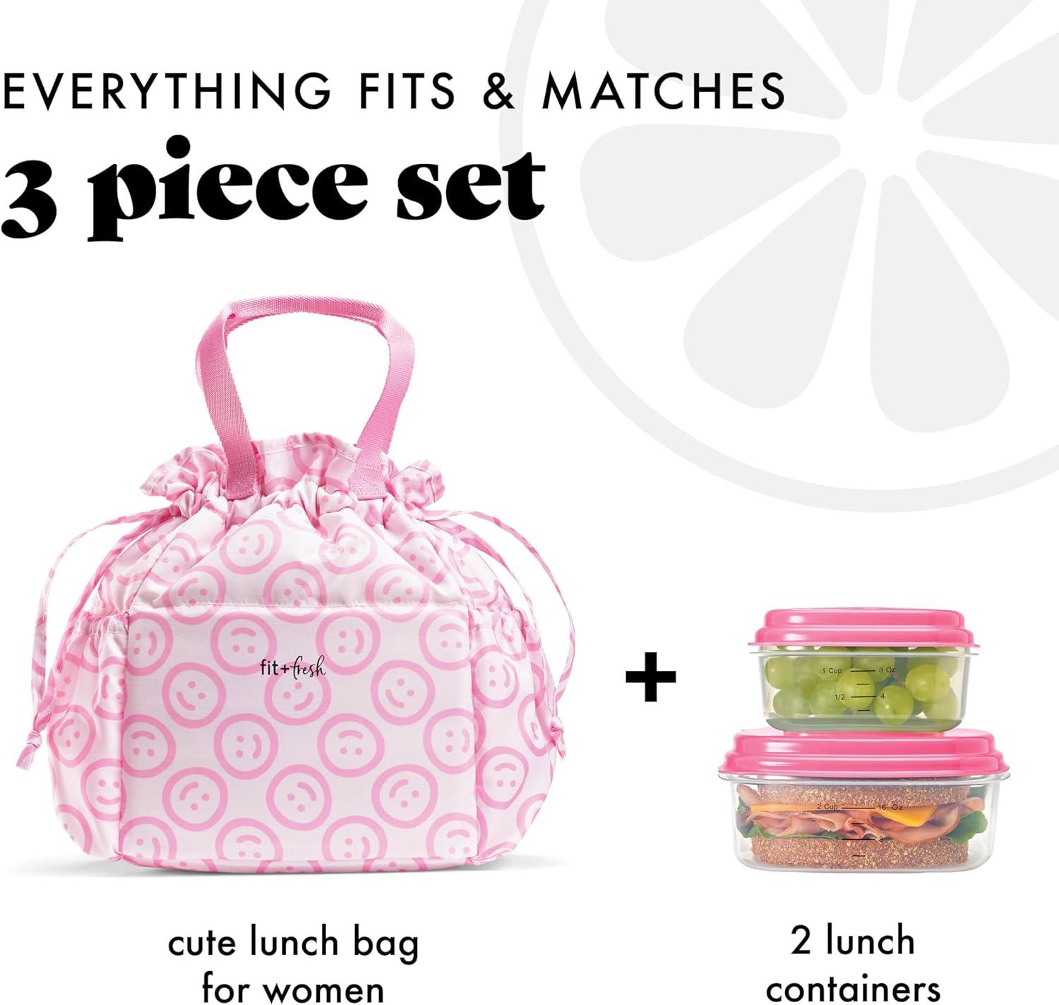 imageFit ampamp Fresh Cromwell Drawstring Lunch Bag for Women Complete Lunch Set with 2 Containers StainResistant LeakResistant Back to School Essential Teacher Lunchbox Sage Floral ToilePink