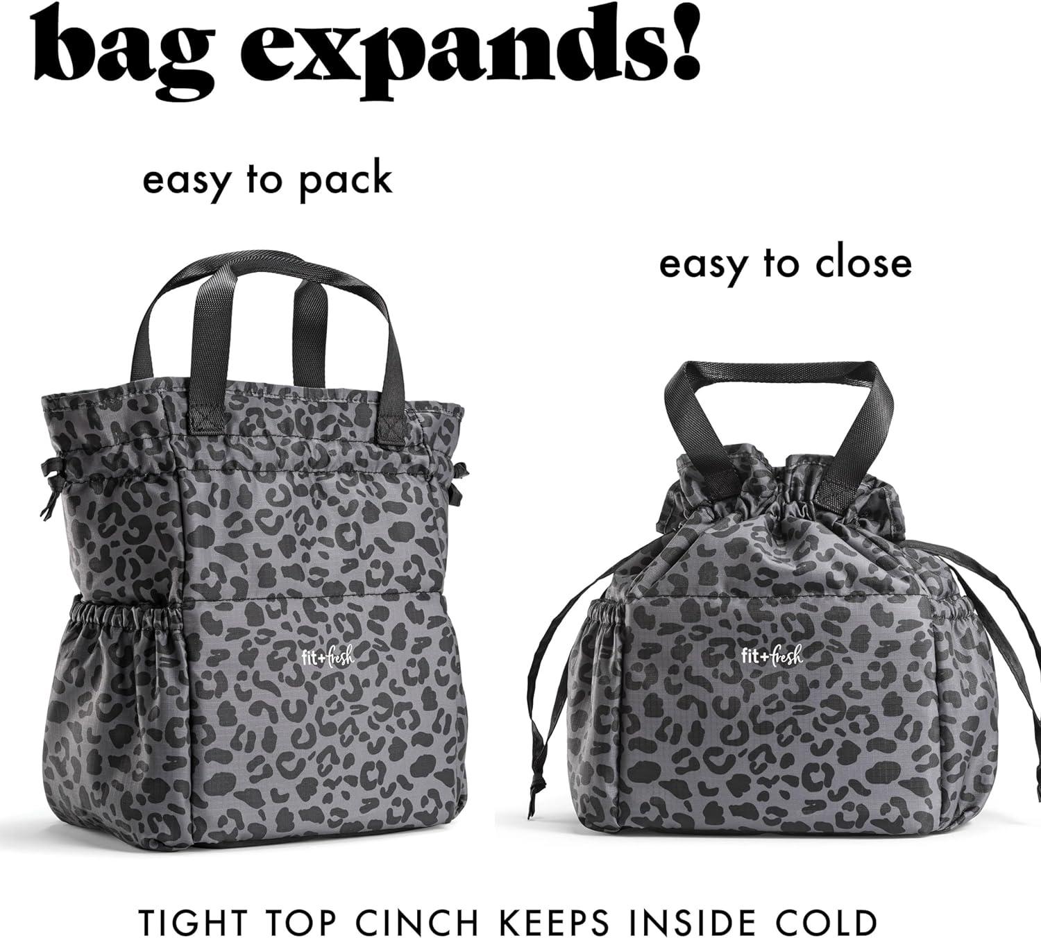imageFit ampamp Fresh Cromwell Drawstring Lunch Bag for Women Complete Lunch Set with 2 Containers StainResistant LeakResistant Back to School Essential Teacher Lunchbox Sage Floral ToileBlack Cheetah